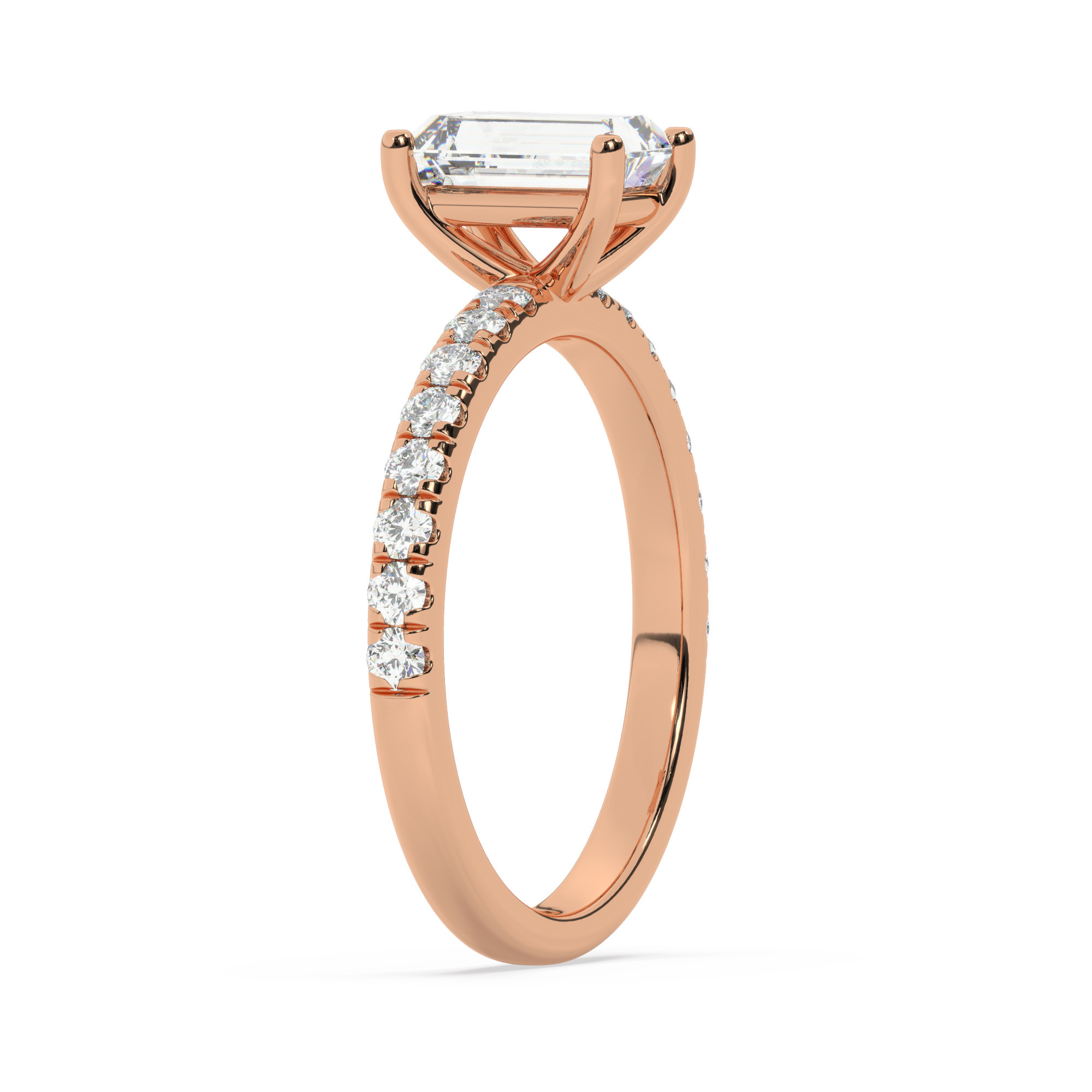 טבעת אירוסין סוליטר ויהלומים בצדדים דגם 50037 כסף מצופה זהב אדום רוזגולד במרכז יהלום מעבדה 1 קראט בחיתוך אמרלד עם תעודה גמולוגית אירופאית IGI מסביב ובצדדים יהלומי מעבדה במשקל כולל של 0.32 קראט בחיתוך עגול – תמונה 4