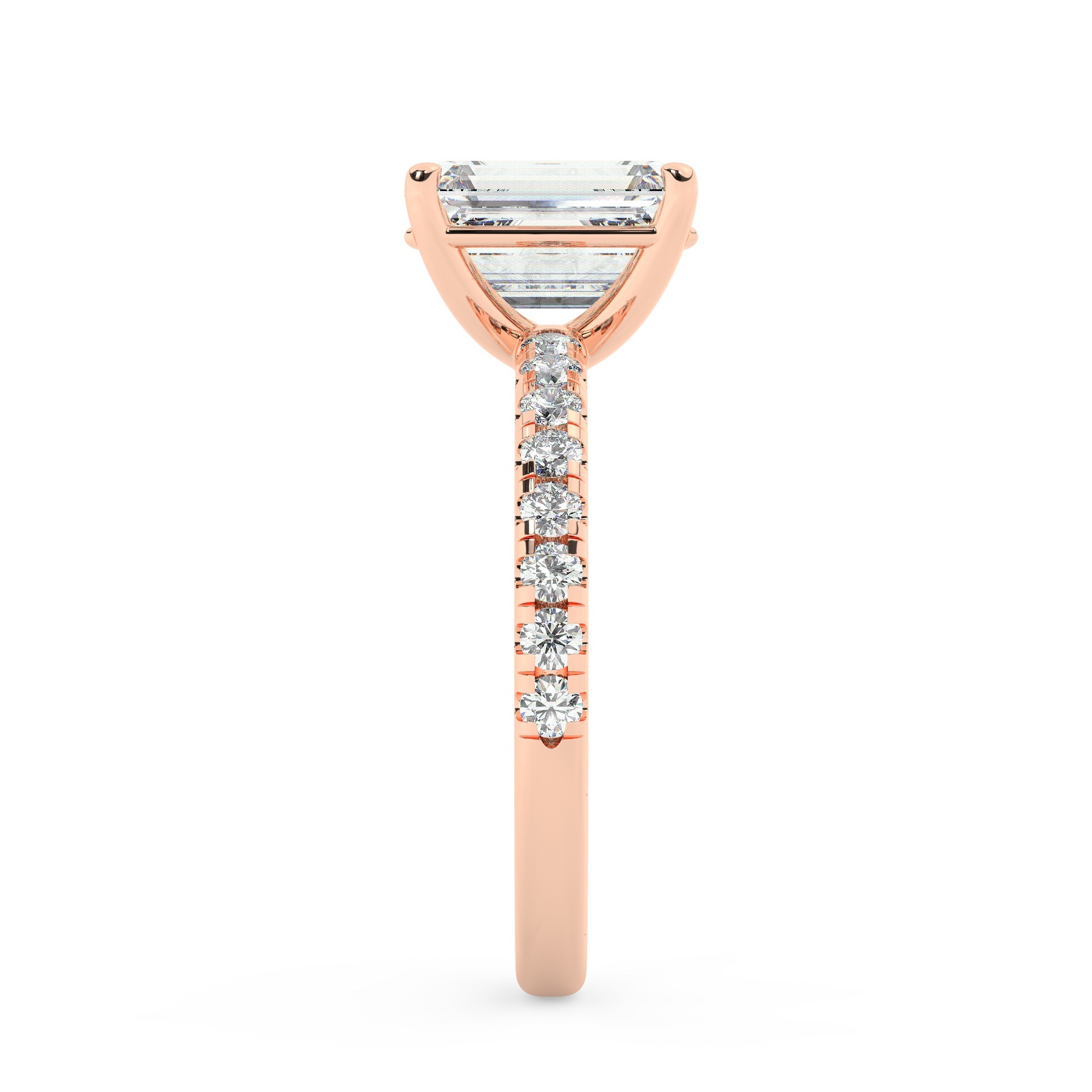 טבעת אירוסין סוליטר ומוסונייט בצדדים דגם 50037 כסף מצופה זהב אדום רוזגולד במרכז אבן מעבדה מוסונייט 4 קראט בחיתוך אמרלד עם תעודה גמולוגית בינלאומית GRA מסביב ובצדדים אבני מעבדה מוסונייט במשקל כולל של 0.32 קראט בחיתוך עגול – תמונה 4