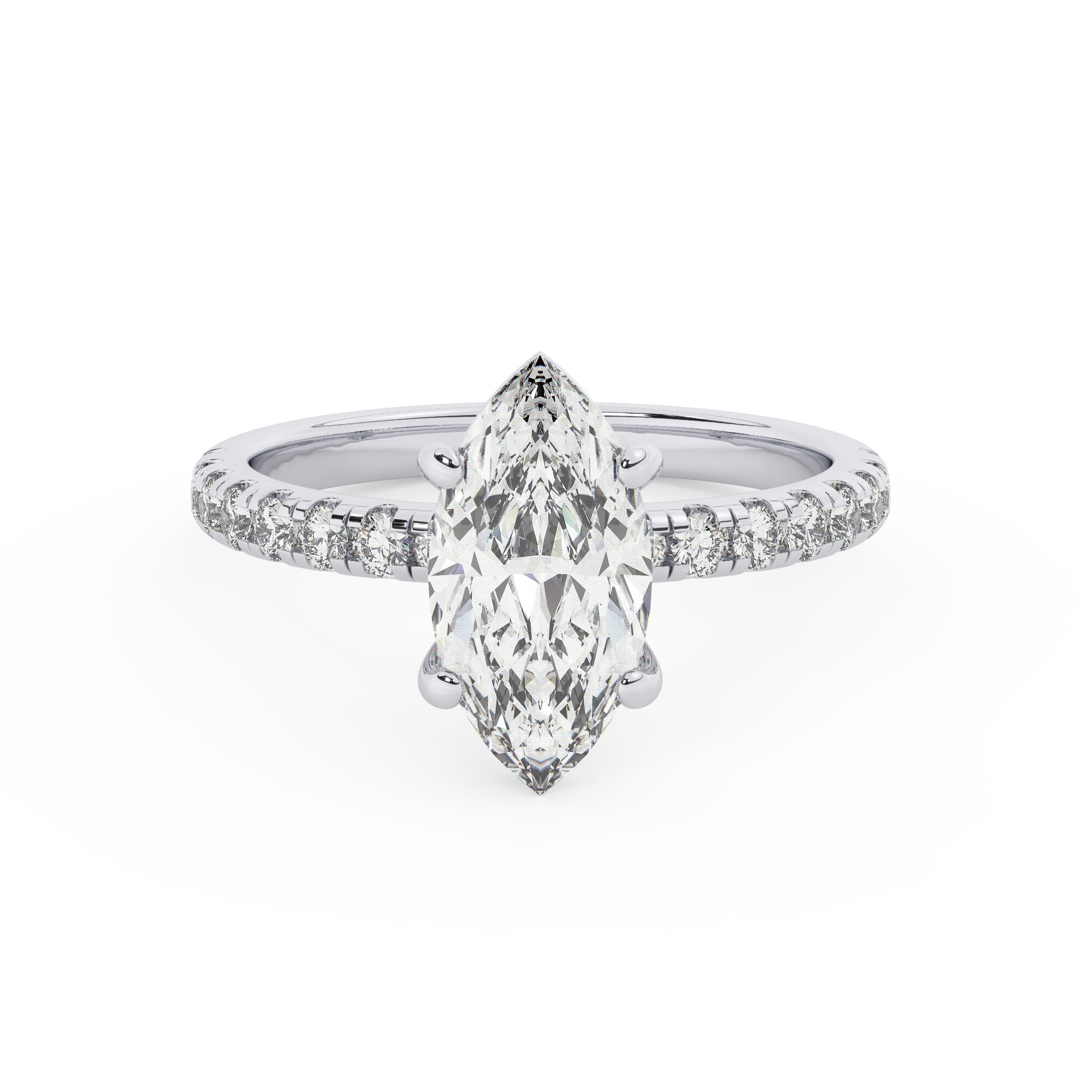 טבעת אירוסין סוליטר ויהלומים בצדדים דגם 50037 כסף מצופה זהב לבן במרכז יהלום מעבדה 1.50 קראט בחיתוך מרקיזה עם תעודה גמולוגית אירופאית IGI מסביב ובצדדים יהלומי מעבדה במשקל כולל של 0.32 קראט בחיתוך עגול – תמונה 2