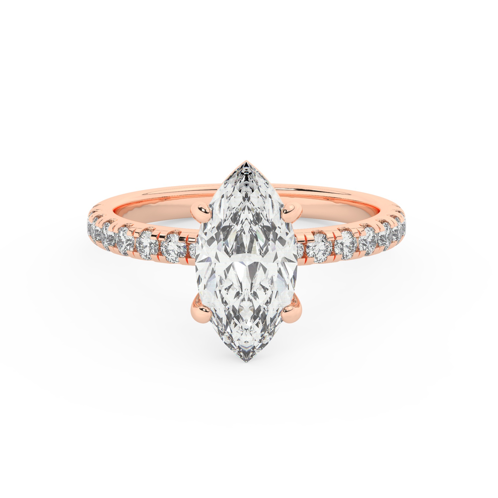 טבעת אירוסין סוליטר ומוסונייט בצדדים דגם 50037 כסף מצופה זהב אדום רוזגולד במרכז אבן מעבדה מוסונייט 5 קראט בחיתוך מרקיזה עם תעודה גמולוגית בינלאומית GRA מסביב ובצדדים אבני מעבדה מוסונייט במשקל כולל של 0.32 קראט בחיתוך עגול – תמונה 2