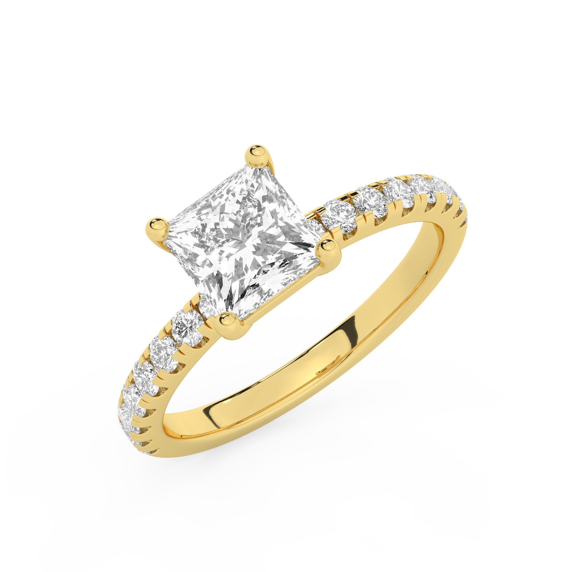 טבעת אירוסין סוליטר ויהלומים בצדדים דגם 50037 כסף מצופה זהב צהוב במרכז יהלום מעבדה 1 קראט בחיתוך פרינסס עם תעודה גמולוגית אירופאית IGI מסביב ובצדדים יהלומי מעבדה במשקל כולל של 0.32 קראט בחיתוך עגול