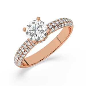 טבעת אירוסין סוליטר וזירקונים בצדדים דגם 50014 זהב אדום רוזגולד 14 קראט במרכז זירקוניה 1 קראט בחיתוך עגול מסביב ובצדדים זירקונים בחיתוך עגול