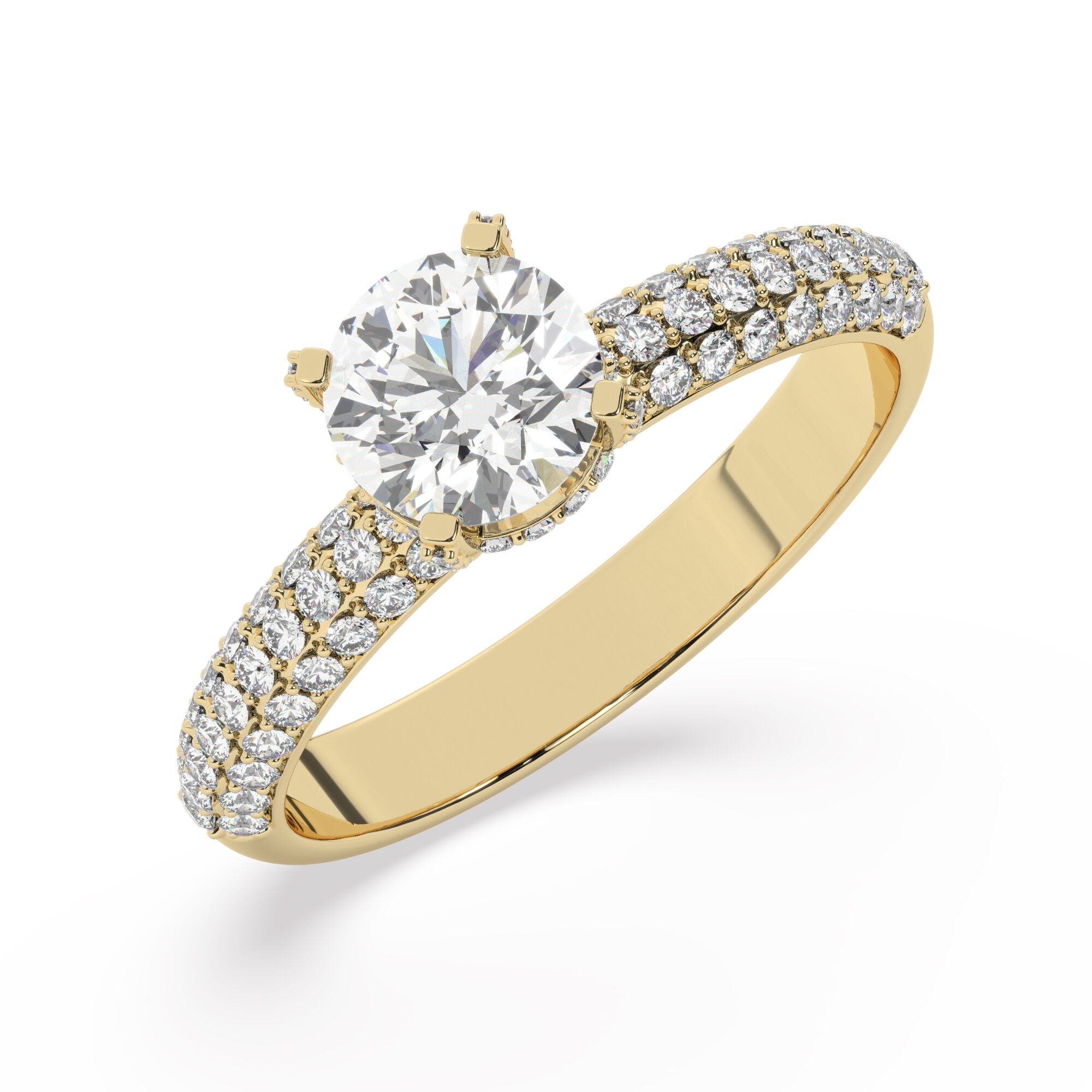 טבעת אירוסין סוליטר וזירקונים בצדדים דגם 50014 זהב צהוב 14 קראט במרכז זירקוניה 1 קראט בחיתוך עגול מסביב ובצדדים זירקונים בחיתוך עגול