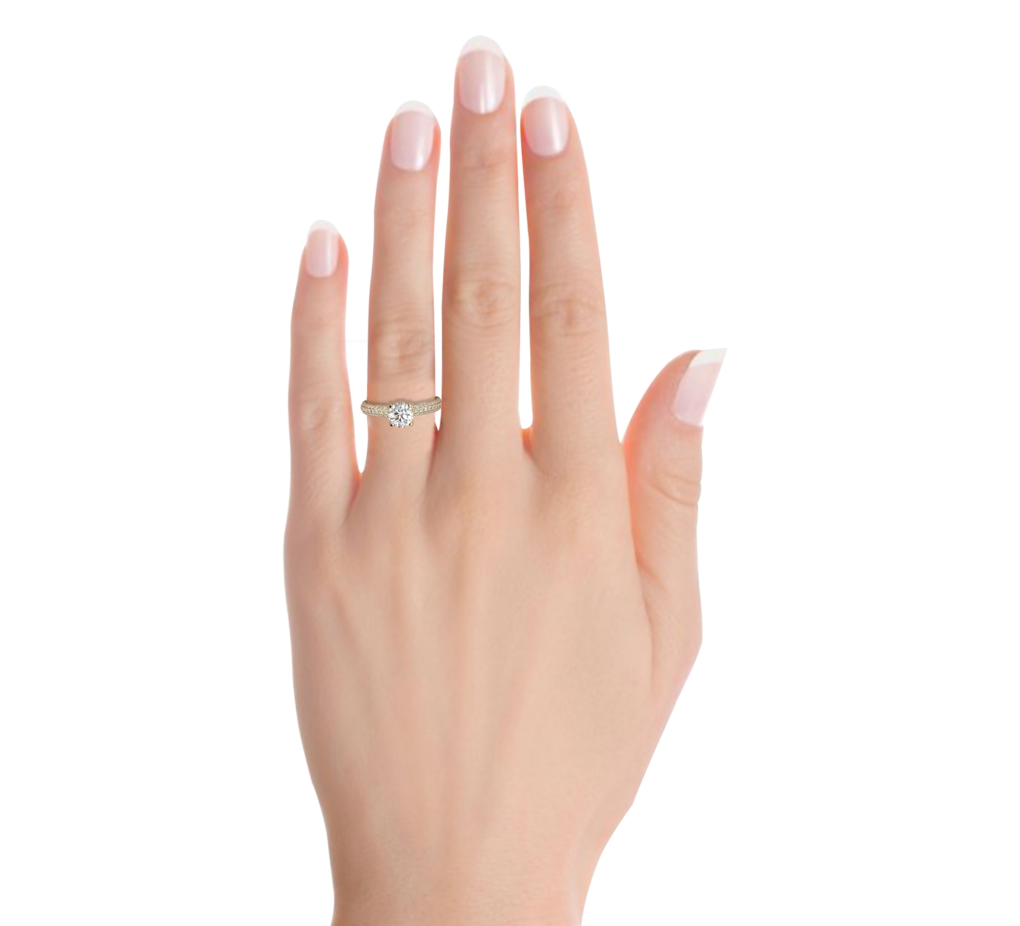 טבעת אירוסין סוליטר וזירקונים בצדדים דגם 50014 זהב צהוב 14 קראט במרכז זירקוניה 1 קראט בחיתוך עגול מסביב ובצדדים זירקונים בחיתוך עגול – תמונה 5