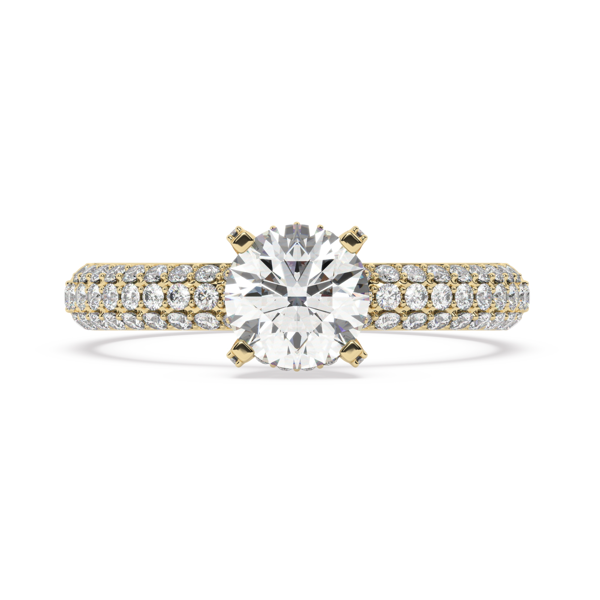 טבעת אירוסין סוליטר וזירקונים בצדדים דגם 50014 זהב צהוב 14 קראט במרכז זירקוניה 1 קראט בחיתוך עגול מסביב ובצדדים זירקונים בחיתוך עגול – תמונה 2