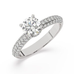 טבעת אירוסין סוליטר וזירקונים בצדדים דגם 50014 זהב לבן 14 קראט במרכז זירקוניה 1 קראט בחיתוך עגול מסביב ובצדדים זירקונים בחיתוך עגול