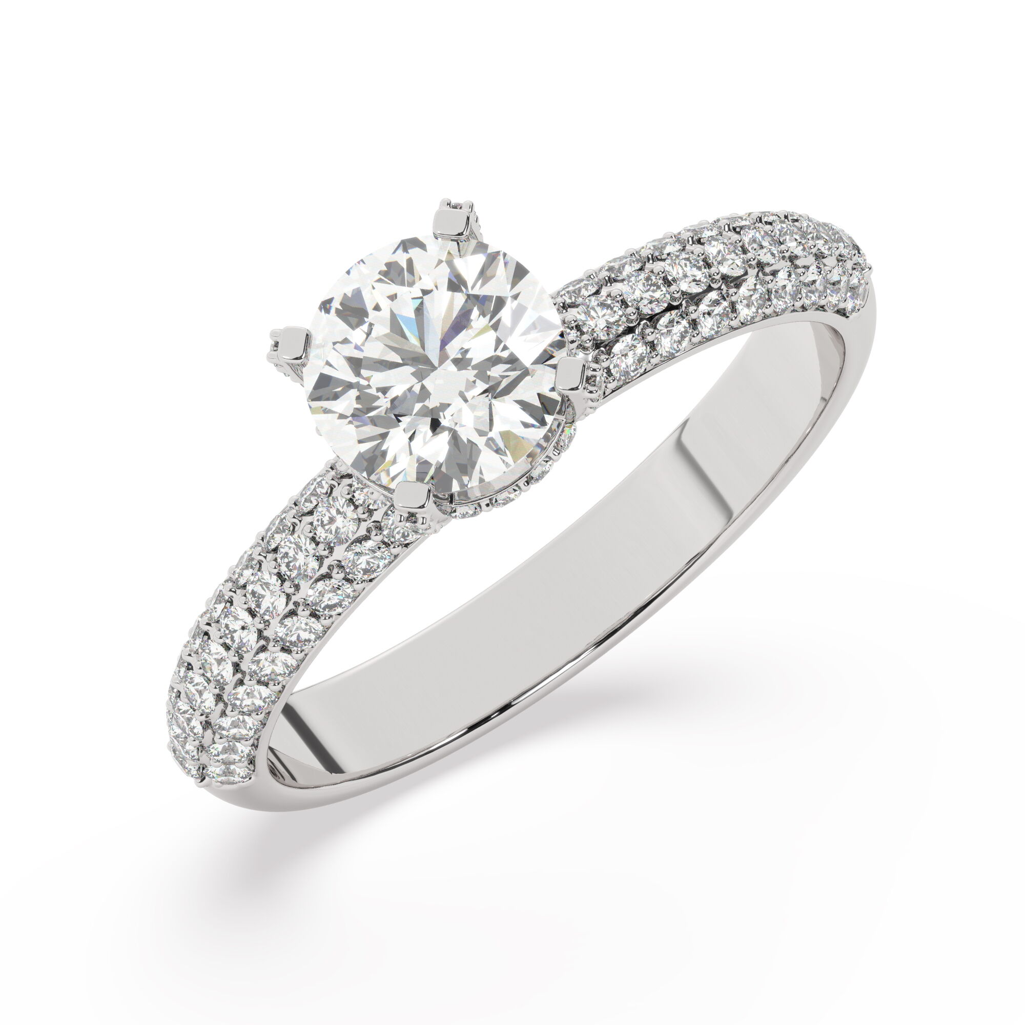 טבעת אירוסין סוליטר וזירקונים בצדדים דגם 50014 זהב לבן 14 קראט במרכז זירקוניה 1 קראט בחיתוך עגול מסביב ובצדדים זירקונים בחיתוך עגול