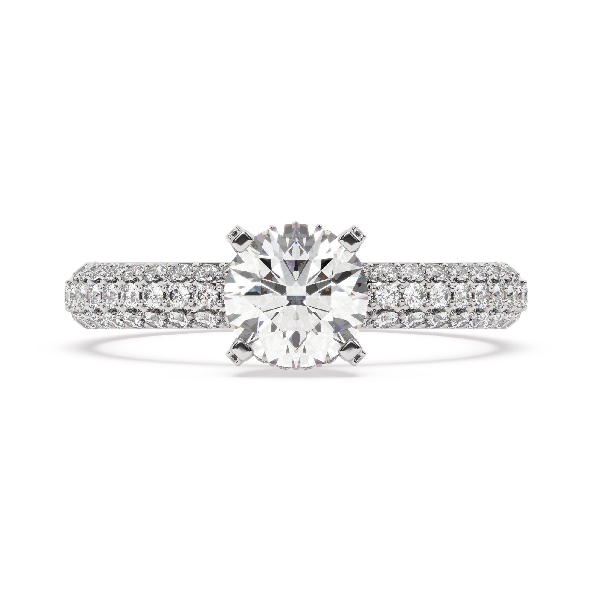 טבעת אירוסין סוליטר וזירקונים בצדדים דגם 50014 זהב לבן 14 קראט במרכז זירקוניה 1 קראט בחיתוך עגול מסביב ובצדדים זירקונים בחיתוך עגול – תמונה 2