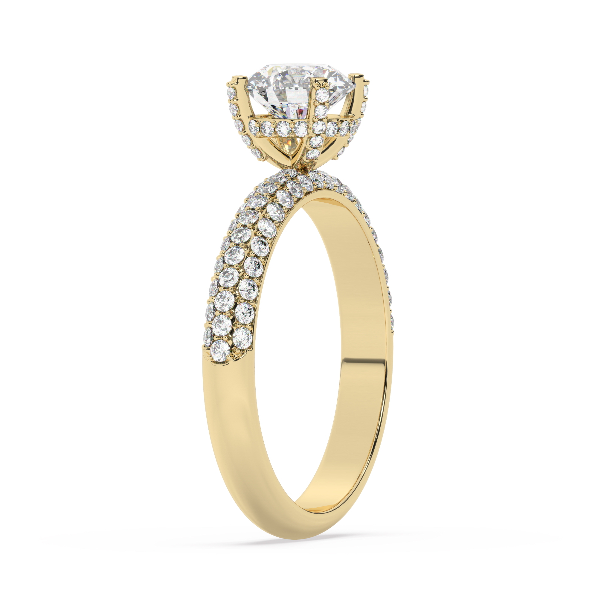 טבעת אירוסין סוליטר וזירקונים בצדדים דגם 50014 זהב צהוב 14 קראט במרכז זירקוניה 1.50 קראט בחיתוך עגול מסביב ובצדדים זירקונים בחיתוך עגול – תמונה 4