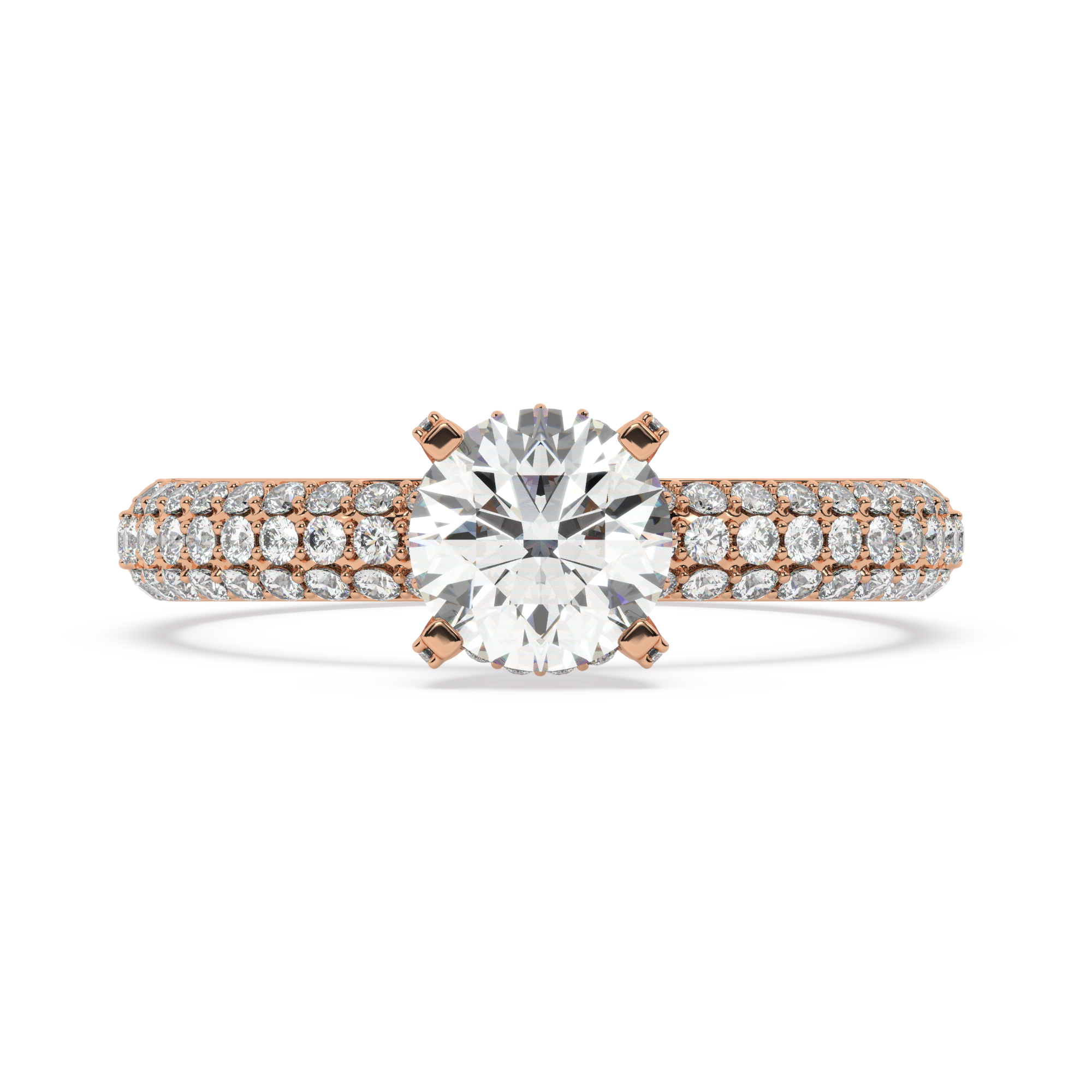 טבעת אירוסין סוליטר ומוסונייט בצדדים דגם 50014 כסף מצופה זהב אדום רוזגולד במרכז אבן מעבדה מוסונייט 1.50 קראט בחיתוך עגול עם תעודה גמולוגית בינלאומית GRA מסביב ובצדדים אבני מעבדה מוסונייט במשקל כולל של 0.50 קראט בחיתוך עגול – תמונה 2