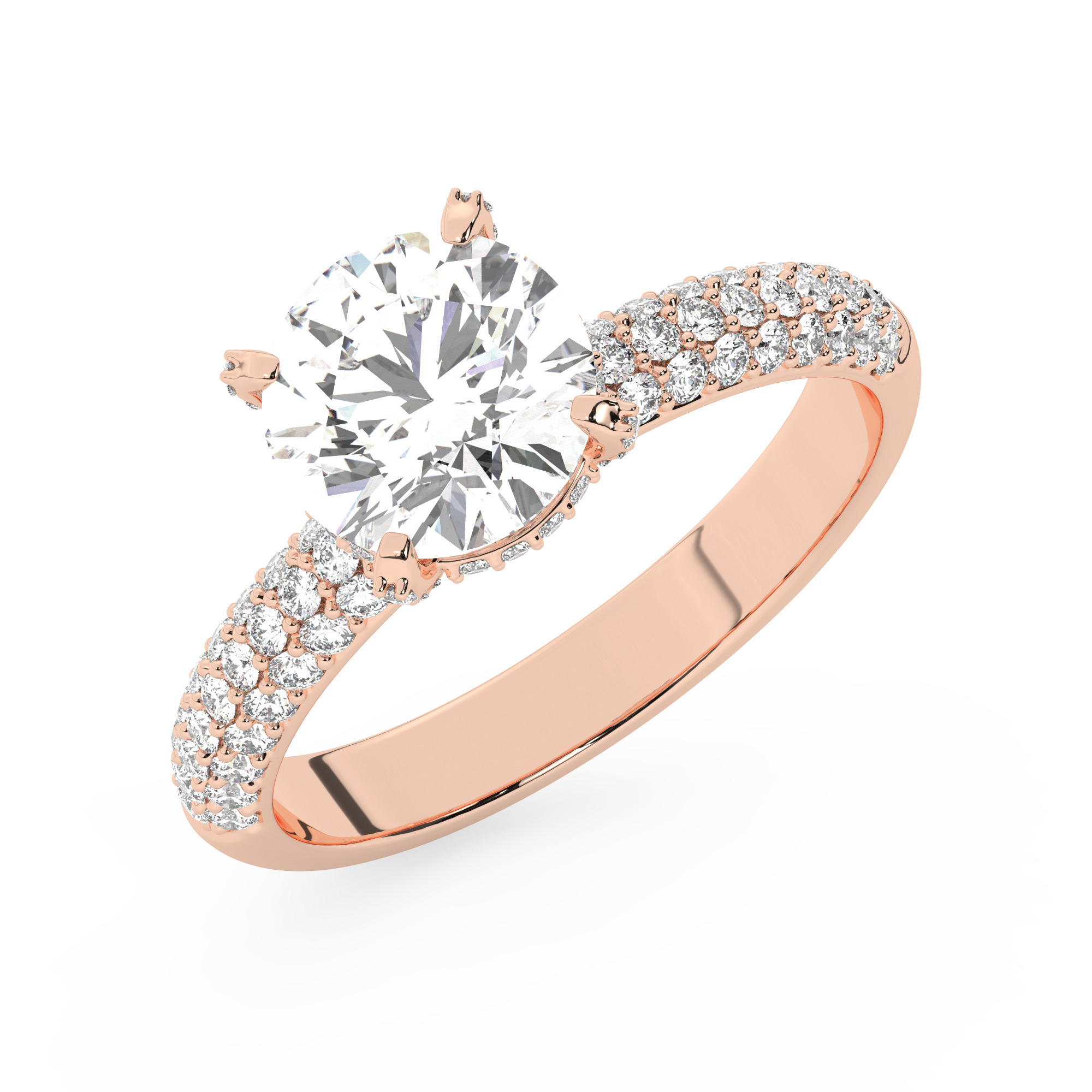 טבעת אירוסין סוליטר וזירקונים בצדדים דגם 50014 זהב אדום רוזגולד 14 קראט במרכז זירקוניה 2 קראט בחיתוך עגול מסביב ובצדדים זירקונים בחיתוך עגול