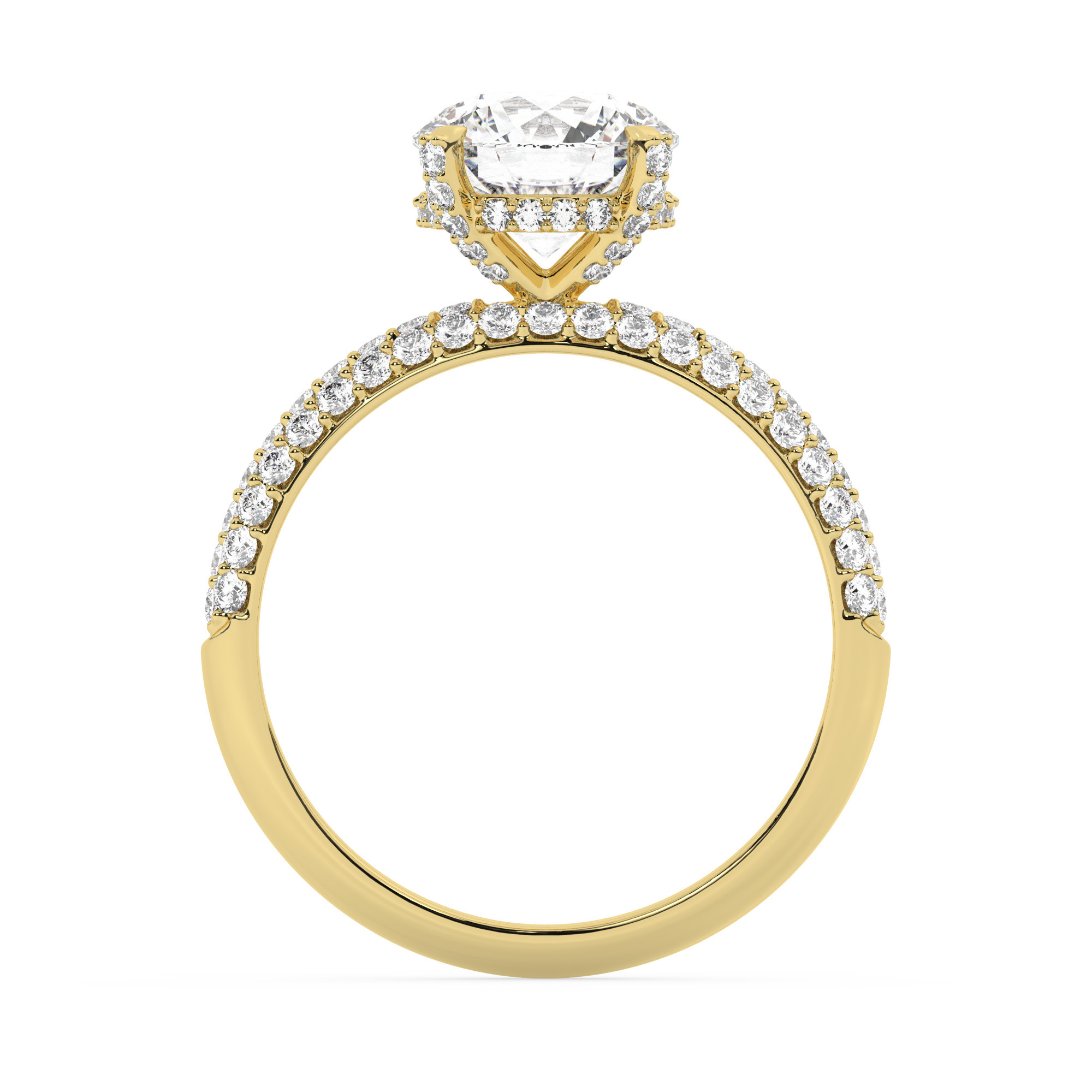 טבעת אירוסין סוליטר ומוסונייט בצדדים דגם 50014 כסף מצופה זהב צהוב במרכז אבן מעבדה מוסונייט 2 קראט בחיתוך עגול עם תעודה גמולוגית בינלאומית GRA מסביב ובצדדים אבני מעבדה מוסונייט במשקל כולל של 0.50 קראט בחיתוך עגול – תמונה 3