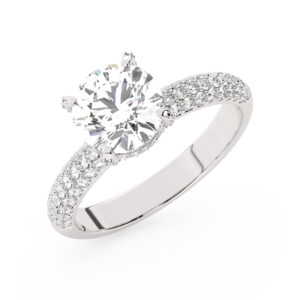 טבעת אירוסין סוליטר וזירקונים בצדדים דגם 50014 זהב לבן 14 קראט במרכז זירקוניה 2.50 קראט בחיתוך עגול מסביב ובצדדים זירקונים בחיתוך עגול