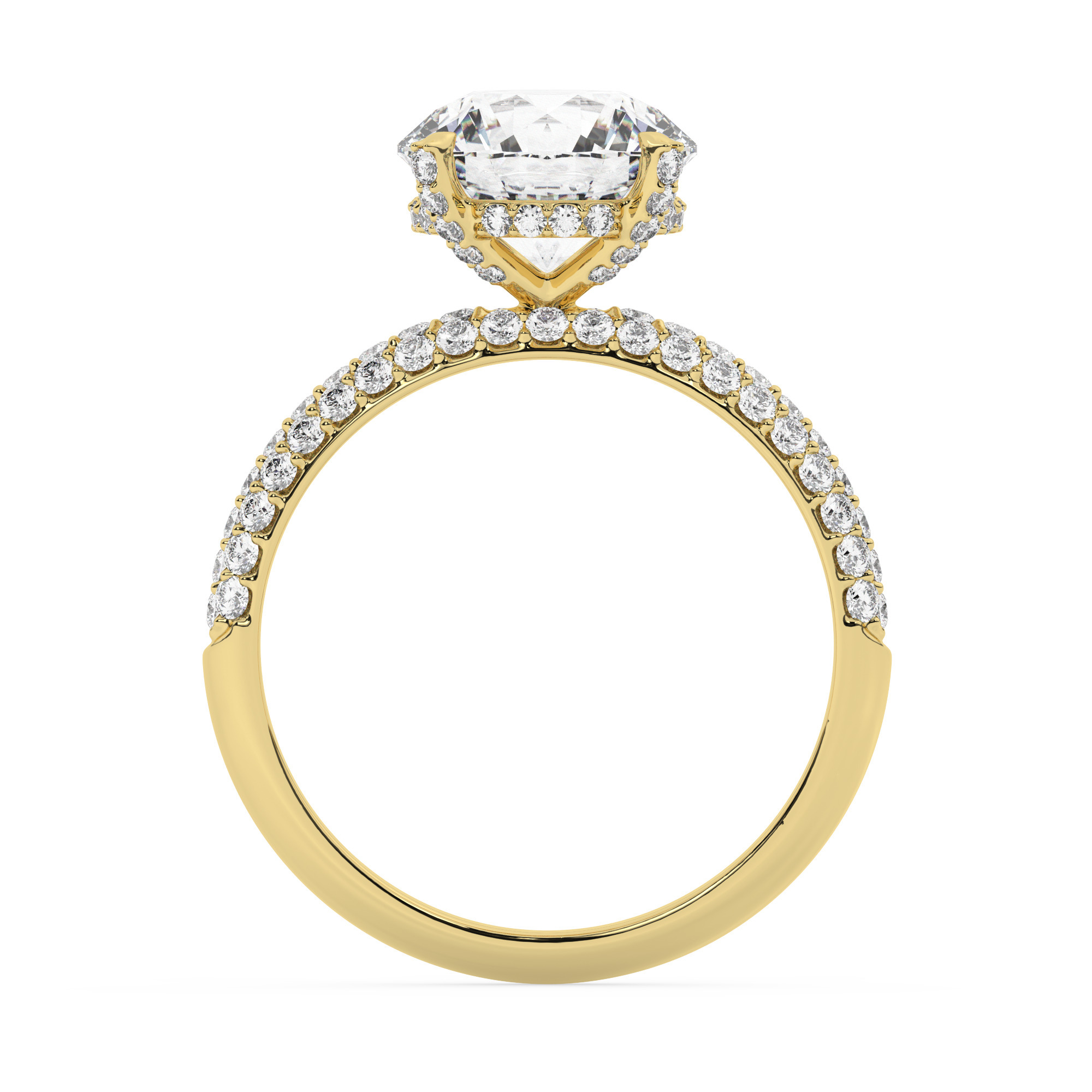 טבעת אירוסין סוליטר ומוסונייט בצדדים דגם 50014 כסף מצופה זהב צהוב במרכז אבן מעבדה מוסונייט 3 קראט בחיתוך עגול עם תעודה גמולוגית בינלאומית GRA מסביב ובצדדים אבני מעבדה מוסונייט במשקל כולל של 0.50 קראט בחיתוך עגול – תמונה 3