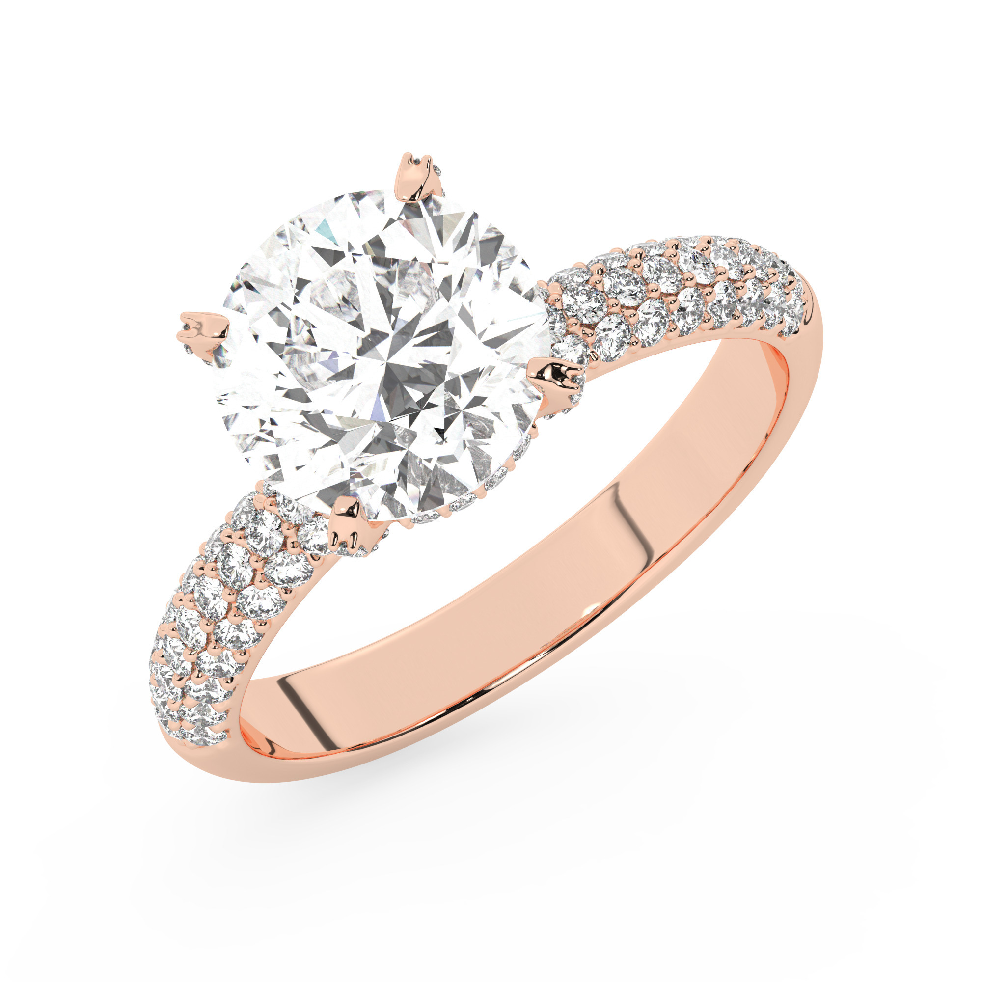 טבעת אירוסין סוליטר וזירקונים בצדדים דגם 50014 זהב אדום רוזגולד 14 קראט במרכז זירקוניה 4 קראט בחיתוך עגול מסביב ובצדדים זירקונים בחיתוך עגול