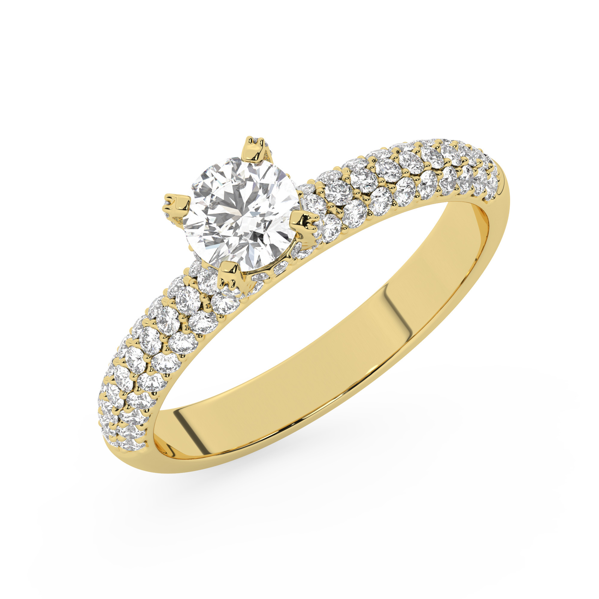 טבעת אירוסין סוליטר וזירקונים בצדדים דגם 50014 זהב צהוב 14 קראט במרכז זירקוניה 0.50 קראט בחיתוך עגול מסביב ובצדדים זירקונים בחיתוך עגול