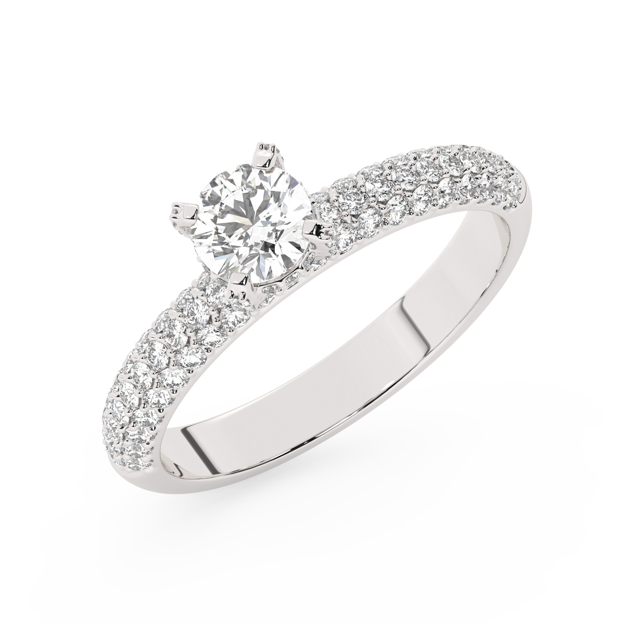 טבעת אירוסין סוליטר ויהלומים בצדדים דגם 50014 כסף מצופה זהב לבן במרכז יהלום מעבדה 0.50 קראט בחיתוך עגול עם תעודה גמולוגית מסביב ובצדדים יהלומי מעבדה במשקל כולל של 0.50 קראט בחיתוך עגול