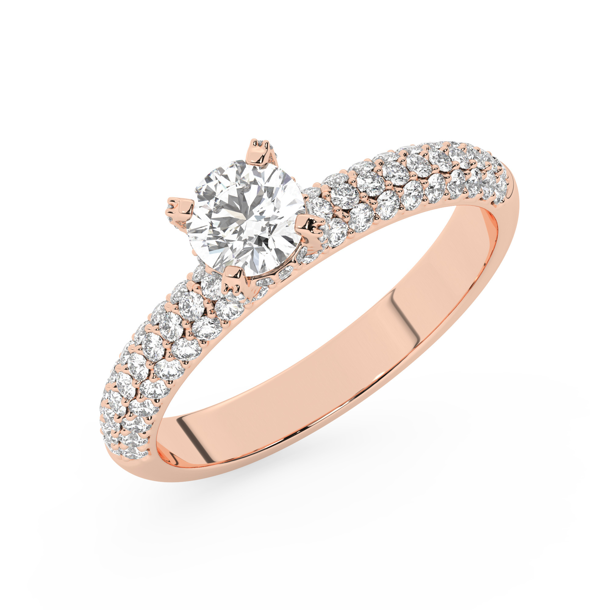 טבעת אירוסין סוליטר ומוסונייט בצדדים דגם 50014 כסף מצופה זהב אדום רוזגולד במרכז אבן מעבדה מוסונייט 0.50 קראט בחיתוך עגול עם תעודה גמולוגית מסביב ובצדדים אבני מעבדה מוסונייט במשקל כולל של 0.50 קראט בחיתוך עגול