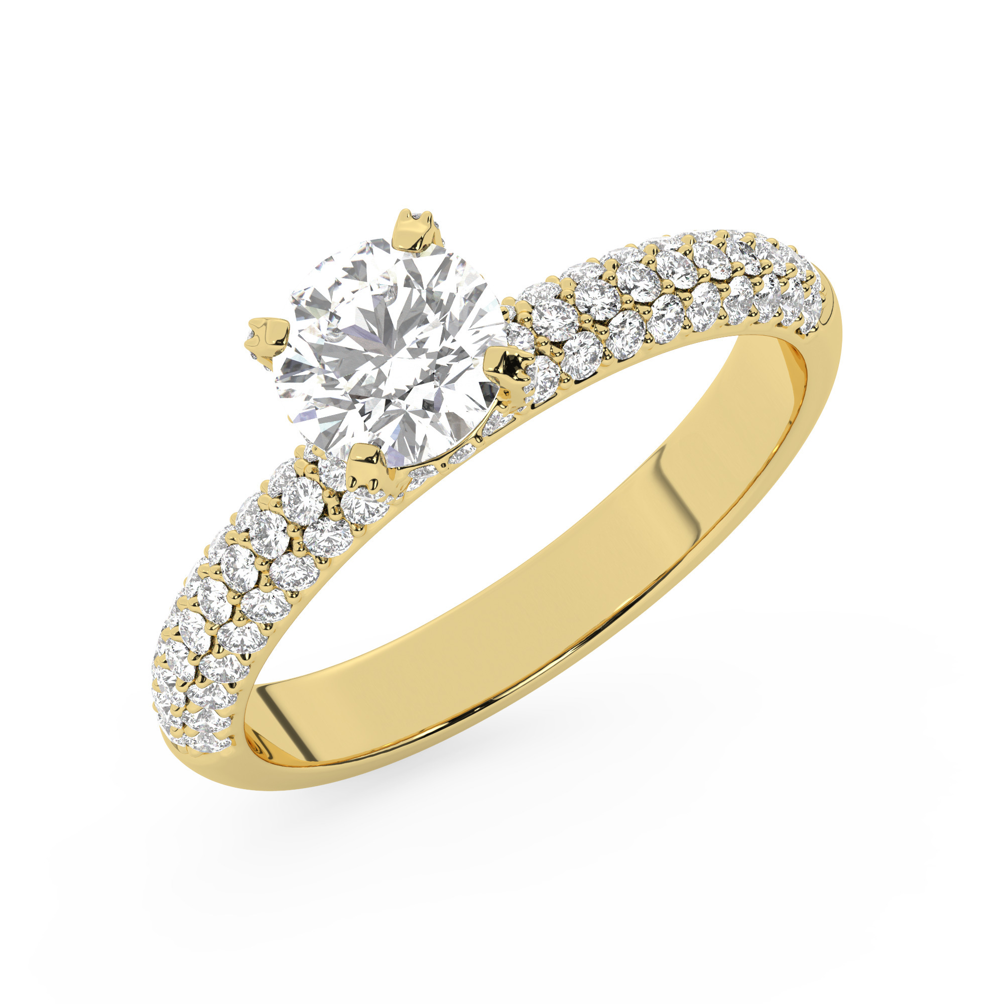 טבעת אירוסין סוליטר וזירקונים בצדדים דגם 50014 זהב צהוב 14 קראט במרכז זירקוניה 0.75 קראט בחיתוך עגול מסביב ובצדדים זירקונים בחיתוך עגול