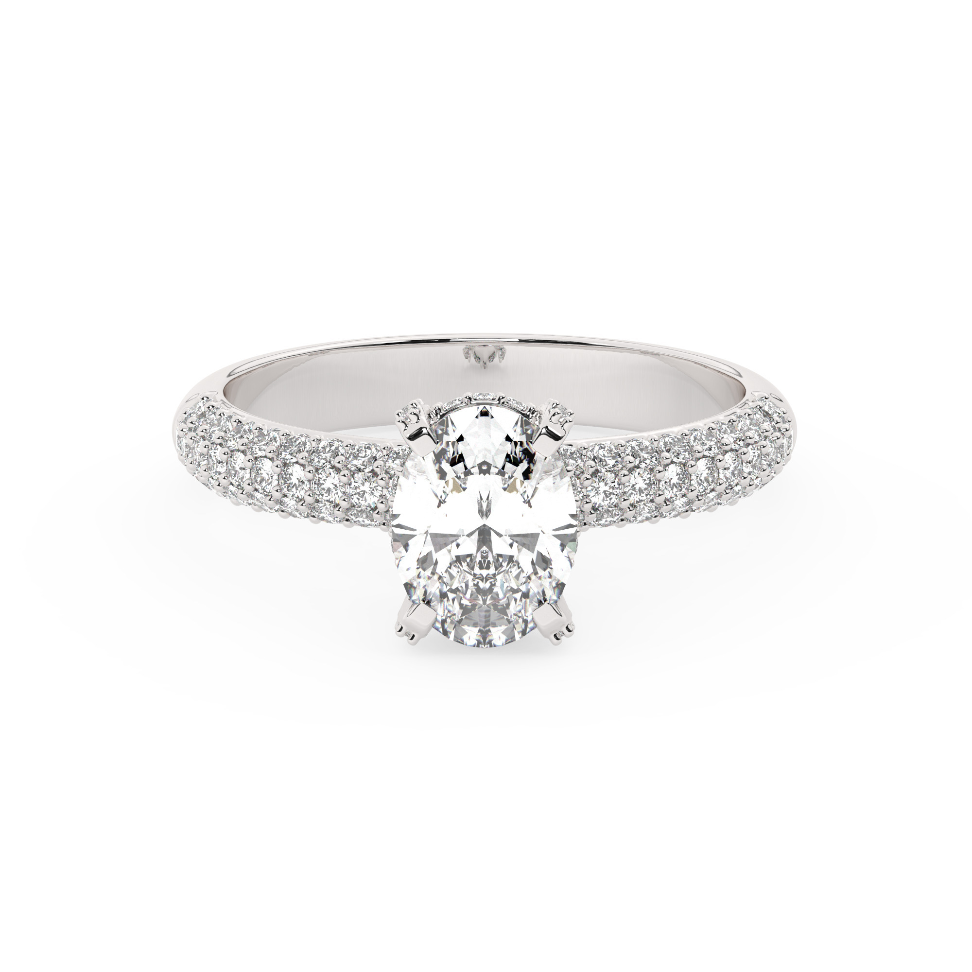 טבעת אירוסין סוליטר ומוסונייט בצדדים דגם 50014 כסף מצופה זהב לבן במרכז אבן מעבדה מוסונייט 1 קראט בחיתוך אובל עם תעודה גמולוגית בינלאומית GRA מסביב ובצדדים אבני מעבדה מוסונייט במשקל כולל של 0.50 קראט בחיתוך עגול – תמונה 2