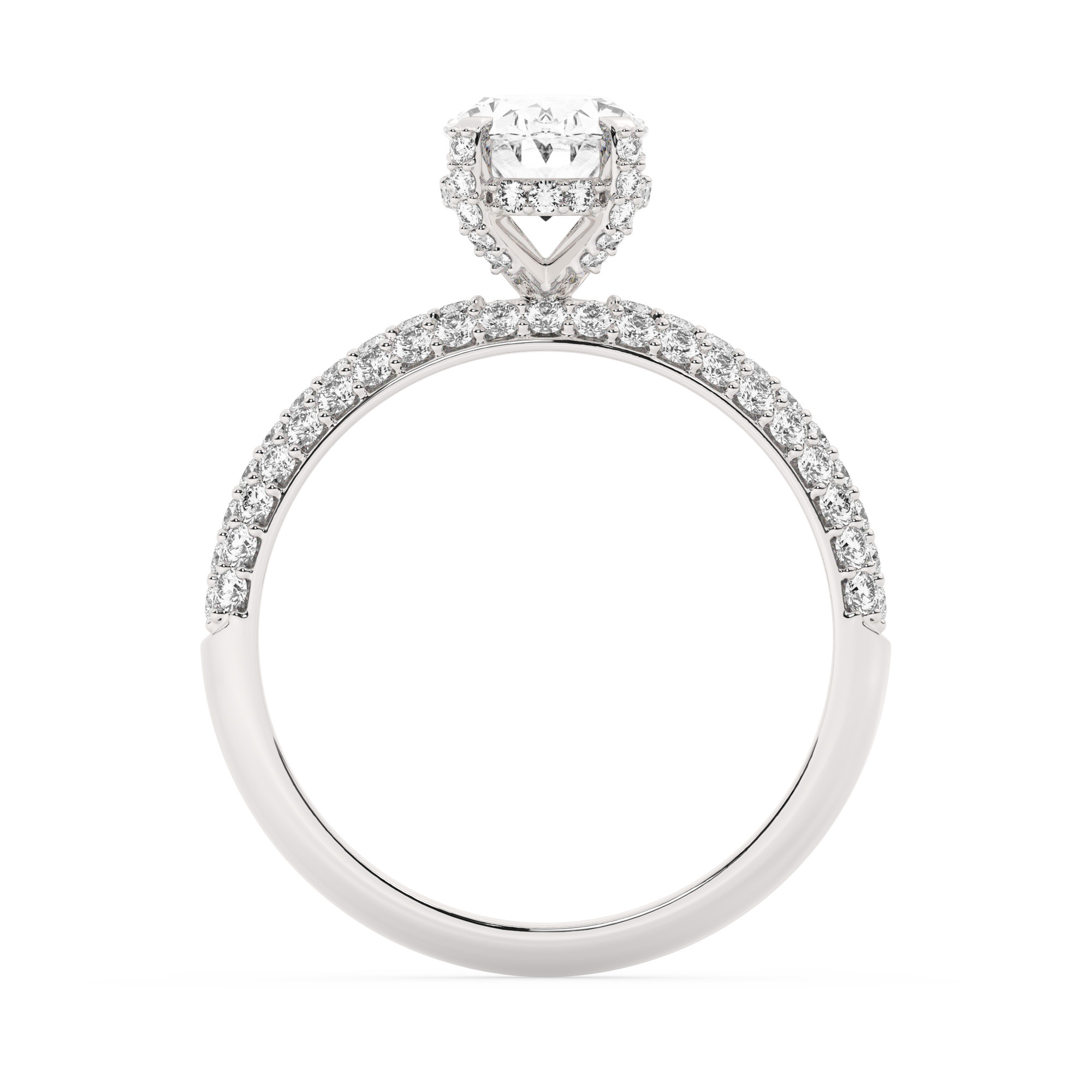 טבעת אירוסין סוליטר וזירקונים בצדדים דגם 50014 זהב לבן 14 קראט במרכז זירקוניה 1.50 קראט בחיתוך אובל מסביב ובצדדים זירקונים בחיתוך עגול – תמונה 3