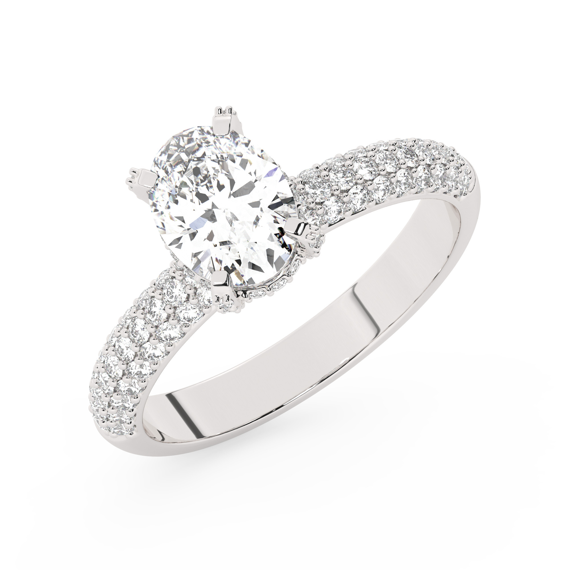 טבעת אירוסין סוליטר ויהלומים בצדדים דגם 50014 כסף מצופה זהב לבן במרכז יהלום מעבדה 1.50 קראט בחיתוך אובל עם תעודה גמולוגית אירופאית IGI מסביב ובצדדים יהלומי מעבדה במשקל כולל של 0.50 קראט בחיתוך עגול