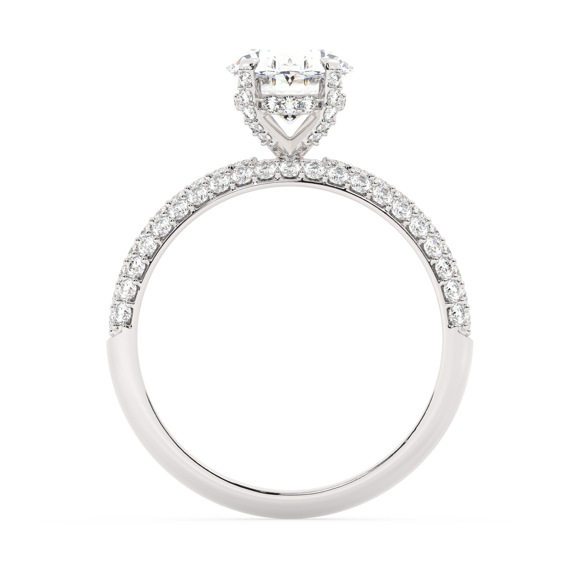 טבעת אירוסין סוליטר וזירקונים בצדדים דגם 50014 זהב לבן 14 קראט במרכז זירקוניה 2 קראט בחיתוך אובל מסביב ובצדדים זירקונים בחיתוך עגול – תמונה 3