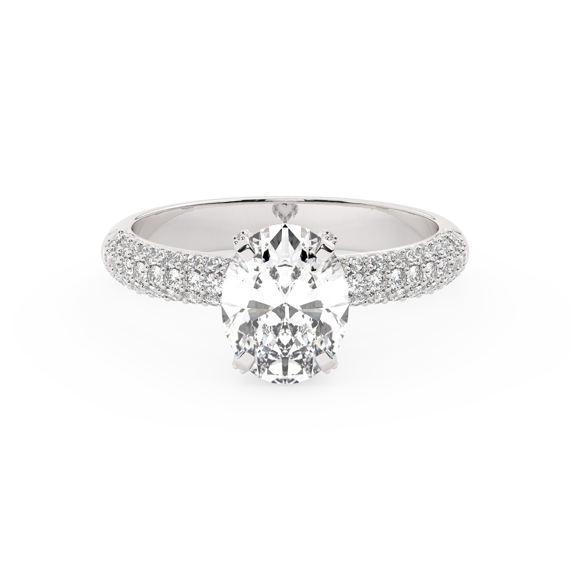 טבעת אירוסין סוליטר וזירקונים בצדדים דגם 50014 זהב לבן 14 קראט במרכז זירקוניה 2 קראט בחיתוך אובל מסביב ובצדדים זירקונים בחיתוך עגול – תמונה 2