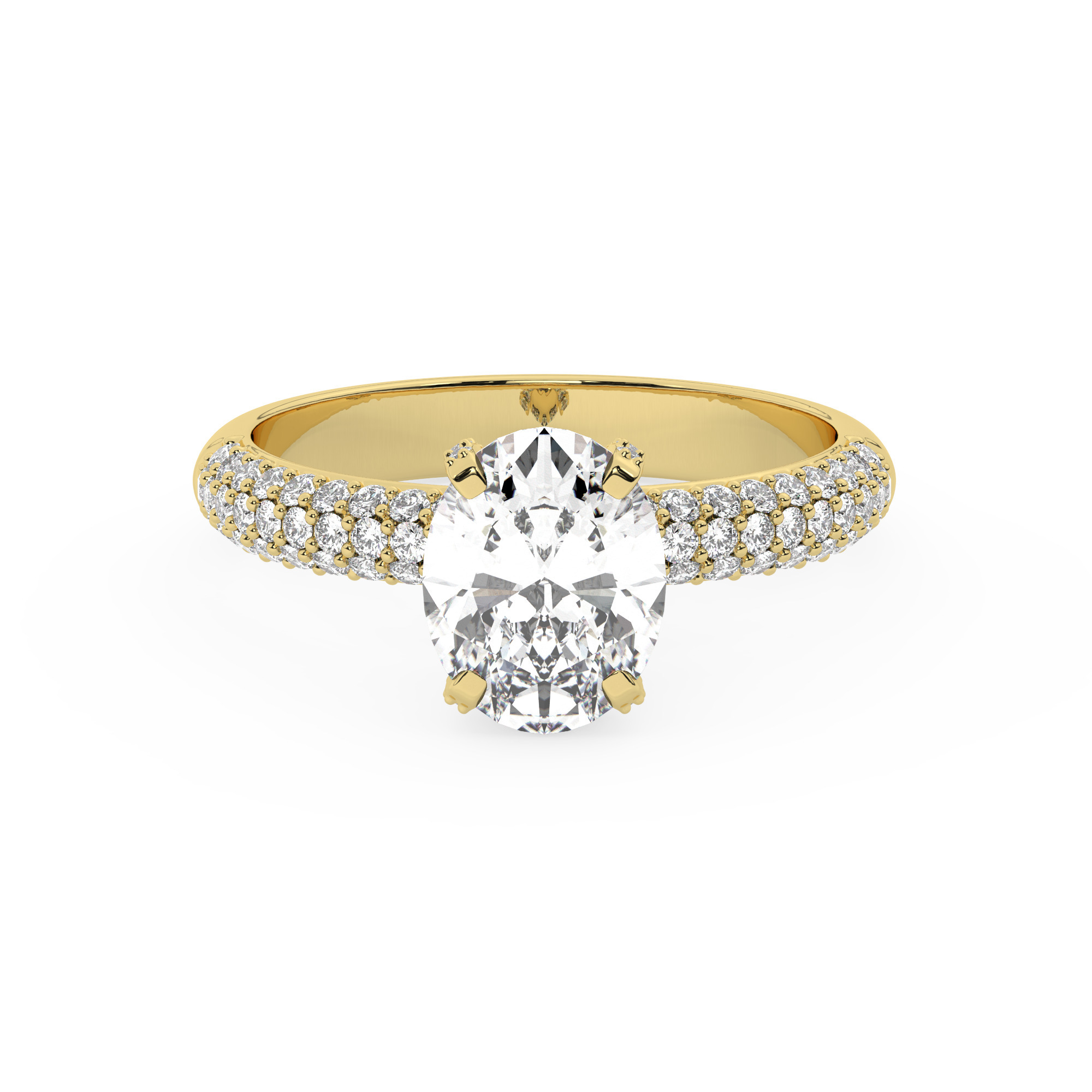 טבעת אירוסין סוליטר ומוסונייט בצדדים דגם 50014 כסף מצופה זהב צהוב במרכז אבן מעבדה מוסונייט 2 קראט בחיתוך אובל עם תעודה גמולוגית בינלאומית GRA מסביב ובצדדים אבני מעבדה מוסונייט במשקל כולל של 0.50 קראט בחיתוך עגול – תמונה 2