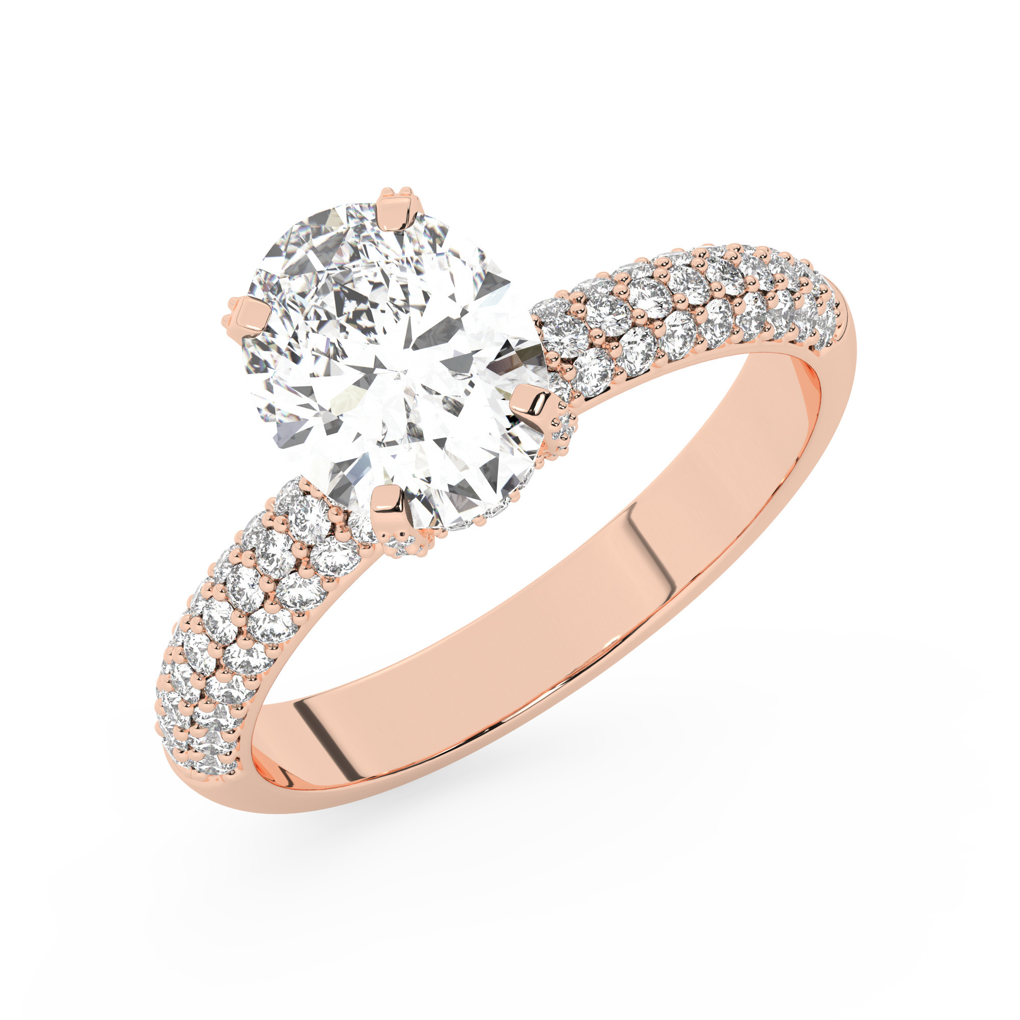 טבעת אירוסין סוליטר וזירקונים בצדדים דגם 50014 זהב אדום רוזגולד 14 קראט במרכז זירקוניה 2.50 קראט בחיתוך אובל מסביב ובצדדים זירקונים בחיתוך עגול