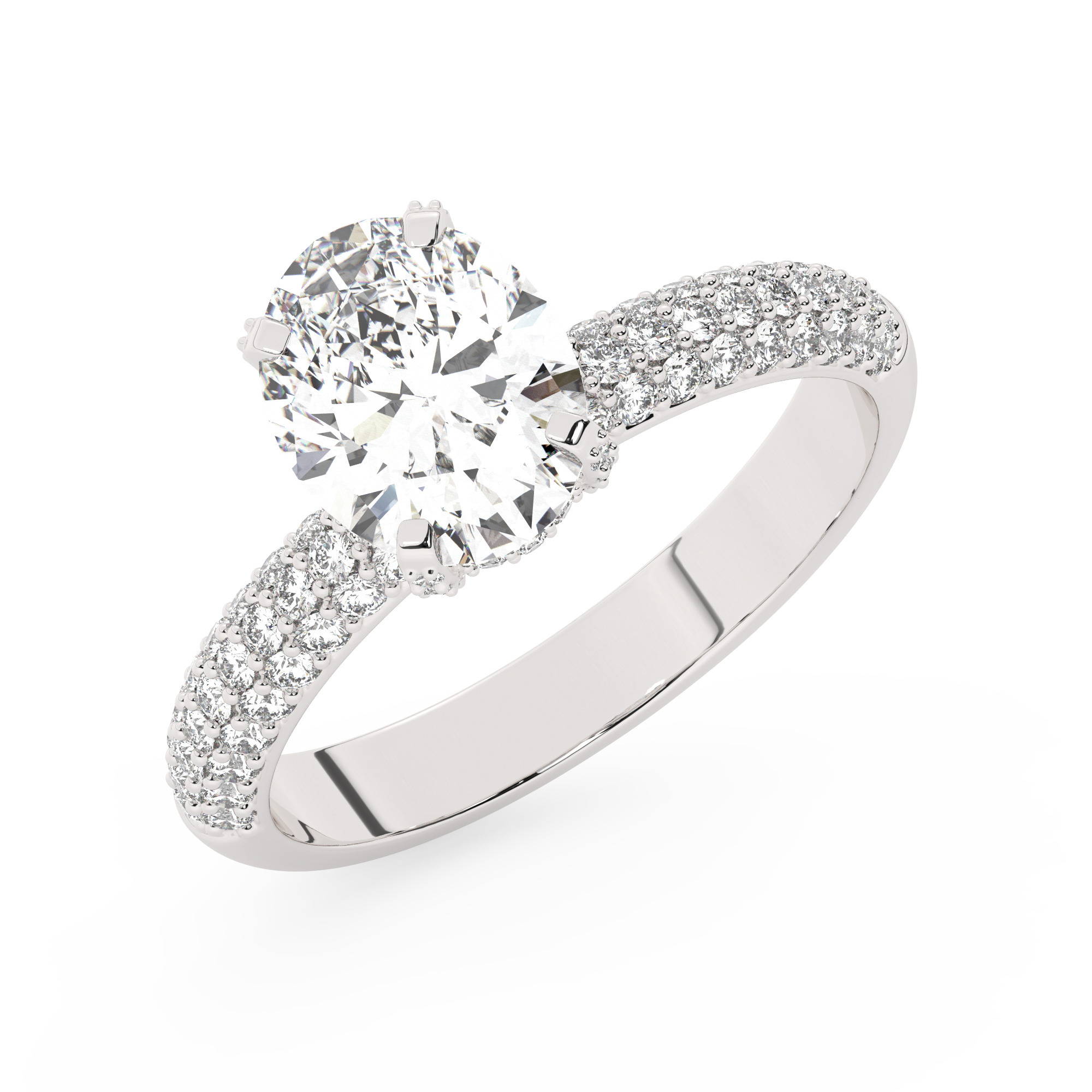 טבעת אירוסין סוליטר ויהלומים בצדדים דגם 50014 כסף מצופה זהב לבן במרכז יהלום מעבדה 2.50 קראט בחיתוך אובל עם תעודה גמולוגית אירופאית IGI מסביב ובצדדים יהלומי מעבדה במשקל כולל של 0.50 קראט בחיתוך עגול