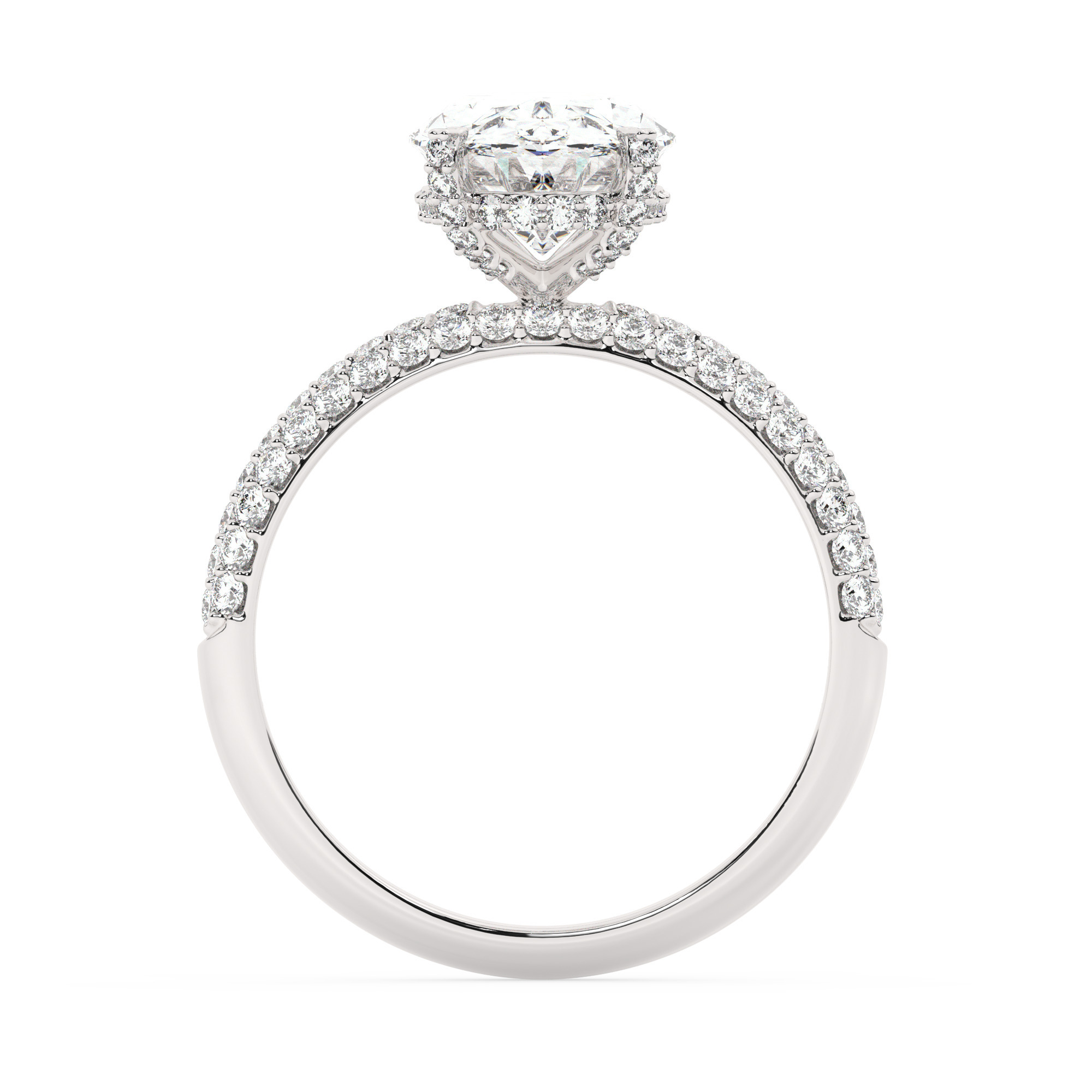 טבעת אירוסין סוליטר ומוסונייט בצדדים דגם 50014 כסף מצופה זהב לבן במרכז אבן מעבדה מוסונייט 3 קראט בחיתוך אובל עם תעודה גמולוגית בינלאומית GRA מסביב ובצדדים אבני מעבדה מוסונייט במשקל כולל של 0.50 קראט בחיתוך עגול – תמונה 3