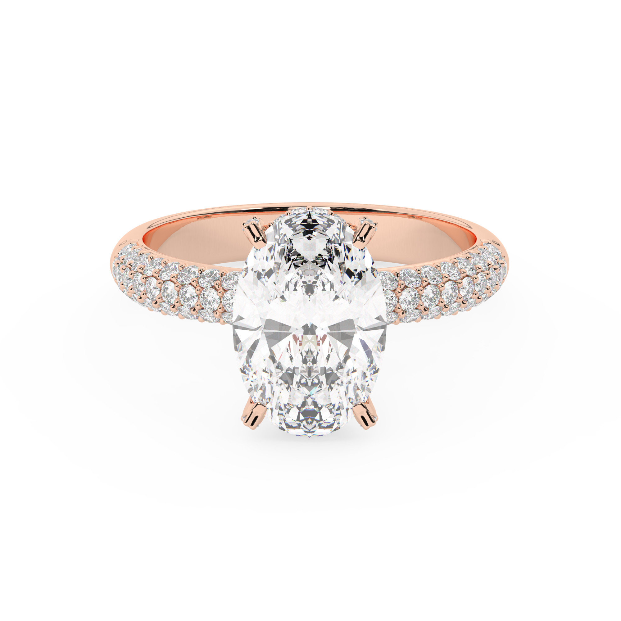 טבעת אירוסין סוליטר ומוסונייט בצדדים דגם 50014 כסף מצופה זהב אדום רוזגולד במרכז אבן מעבדה מוסונייט 3 קראט בחיתוך אובל עם תעודה גמולוגית בינלאומית GRA מסביב ובצדדים אבני מעבדה מוסונייט במשקל כולל של 0.50 קראט בחיתוך עגול – תמונה 2