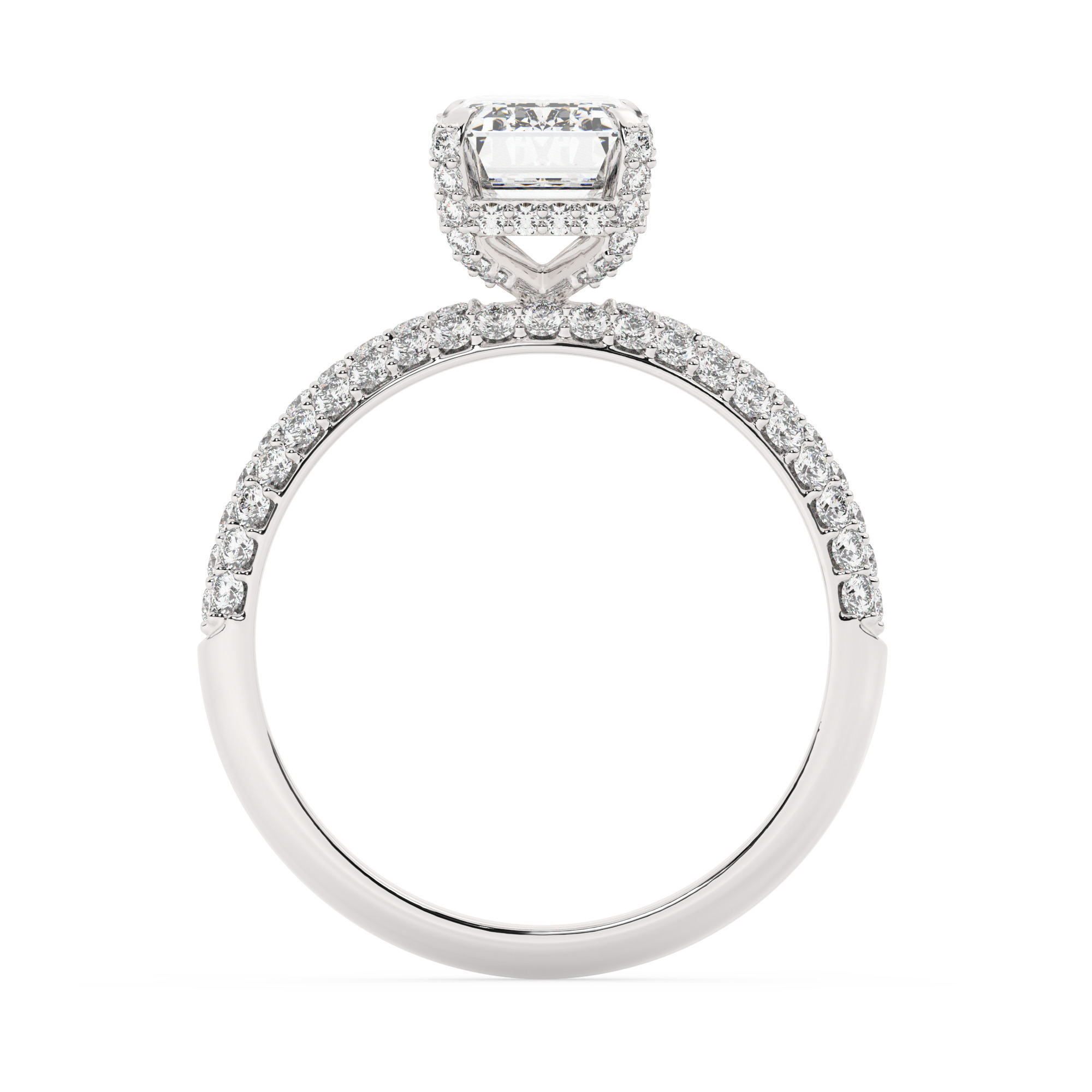 טבעת אירוסין סוליטר וזירקונים בצדדים דגם 50014 זהב לבן 14 קראט במרכז זירקוניה 1 קראט בחיתוך אמרלד מסביב ובצדדים זירקונים בחיתוך עגול – תמונה 3