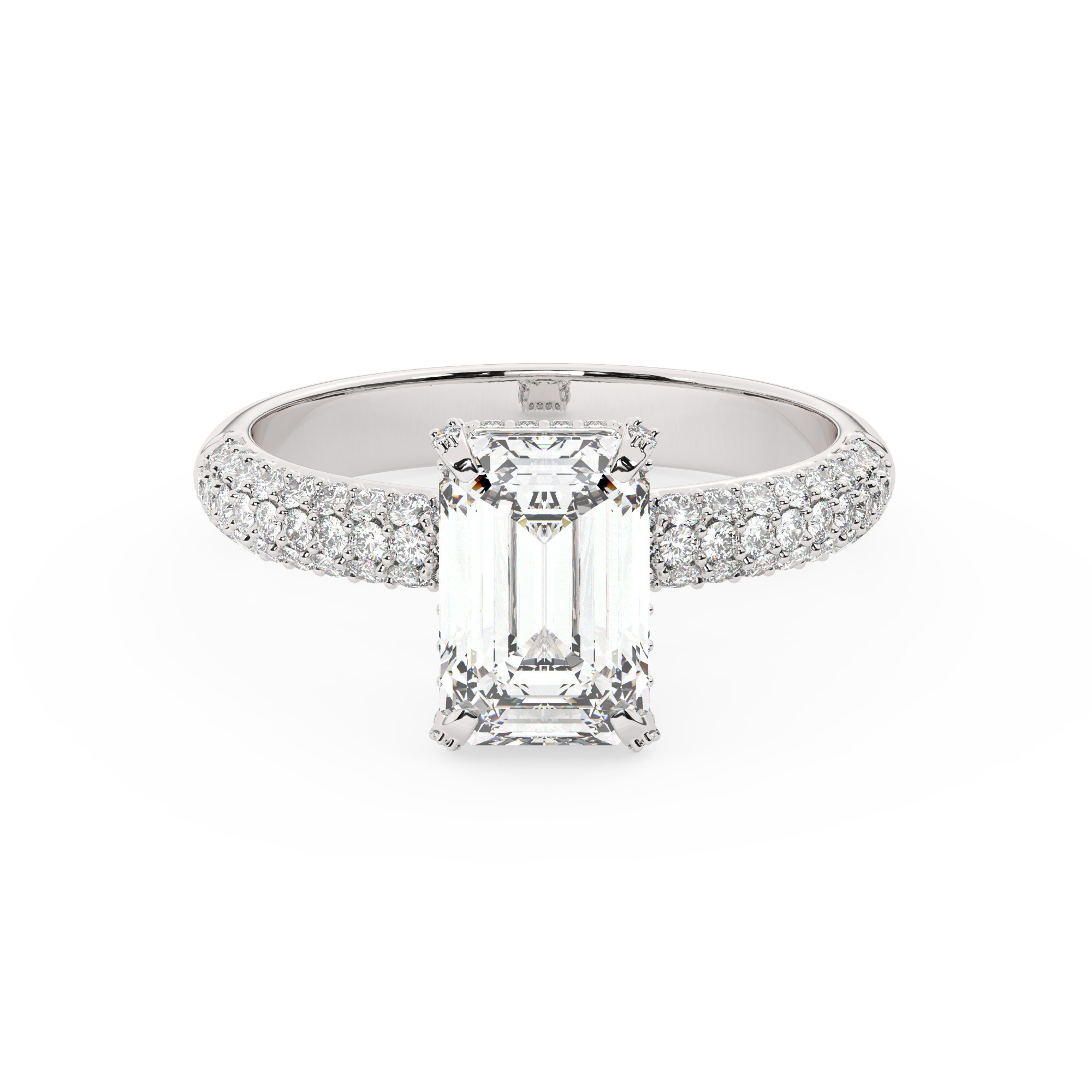 טבעת אירוסין סוליטר וזירקונים בצדדים דגם 50014 זהב לבן 14 קראט במרכז זירקוניה 2 קראט בחיתוך אמרלד מסביב ובצדדים זירקונים בחיתוך עגול – תמונה 2