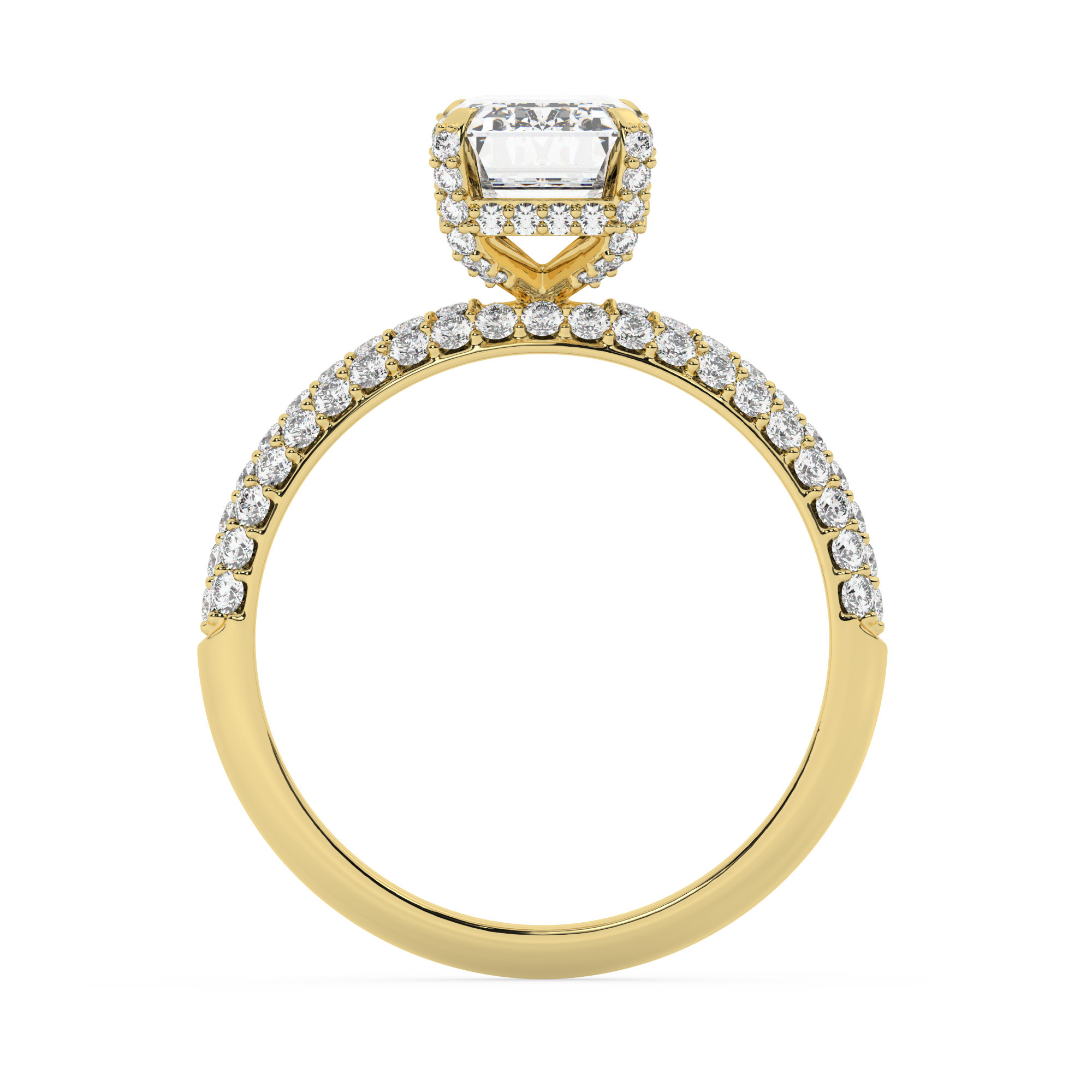 טבעת אירוסין סוליטר ומוסונייט בצדדים דגם 50014 כסף מצופה זהב צהוב במרכז אבן מעבדה מוסונייט 2 קראט בחיתוך אמרלד עם תעודה גמולוגית בינלאומית GRA מסביב ובצדדים אבני מעבדה מוסונייט במשקל כולל של 0.50 קראט בחיתוך עגול – תמונה 3