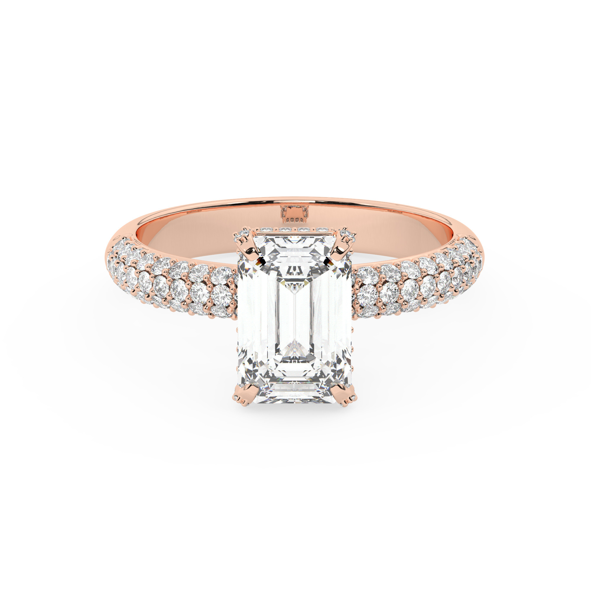 טבעת אירוסין סוליטר ומוסונייט בצדדים דגם 50014 כסף מצופה זהב אדום רוזגולד במרכז אבן מעבדה מוסונייט 2 קראט בחיתוך אמרלד עם תעודה גמולוגית בינלאומית GRA מסביב ובצדדים אבני מעבדה מוסונייט במשקל כולל של 0.50 קראט בחיתוך עגול – תמונה 2