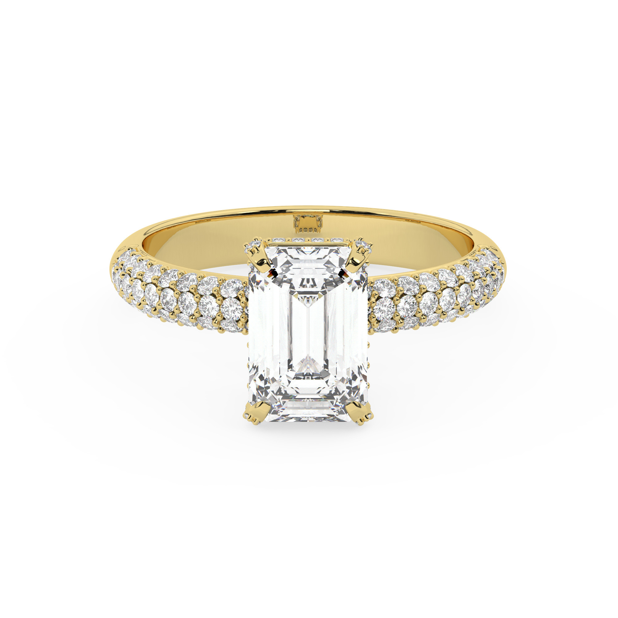 טבעת אירוסין סוליטר וזירקונים בצדדים דגם 50014 זהב צהוב 14 קראט במרכז זירקוניה 3 קראט בחיתוך אמרלד מסביב ובצדדים זירקונים בחיתוך עגול – תמונה 2