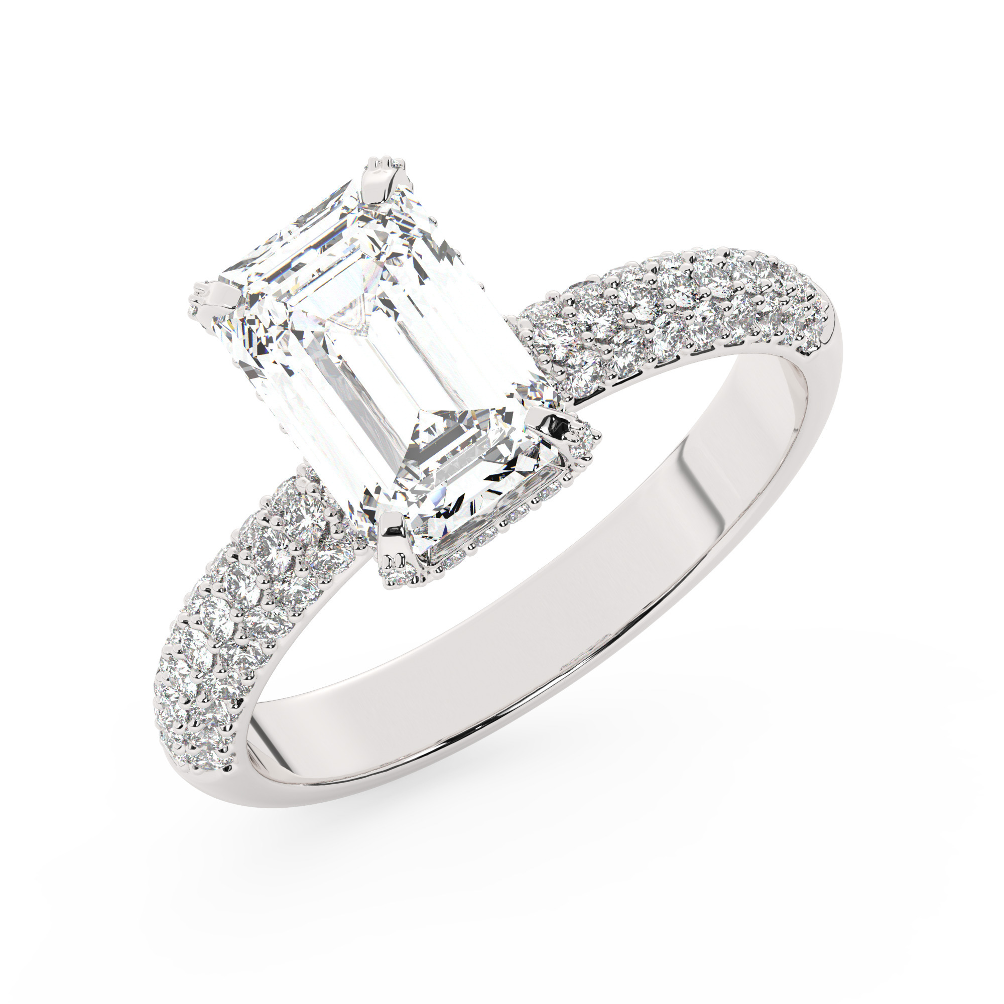 טבעת אירוסין סוליטר ויהלומים בצדדים דגם 50014 זהב לבן 14 קראט במרכז יהלום טבעי 0.50 קראט בחיתוך אמרלד עם תעודה גמולוגית מסביב ובצדדים יהלומים טבעים במשקל כולל של 0.50 קראט בחיתוך עגול