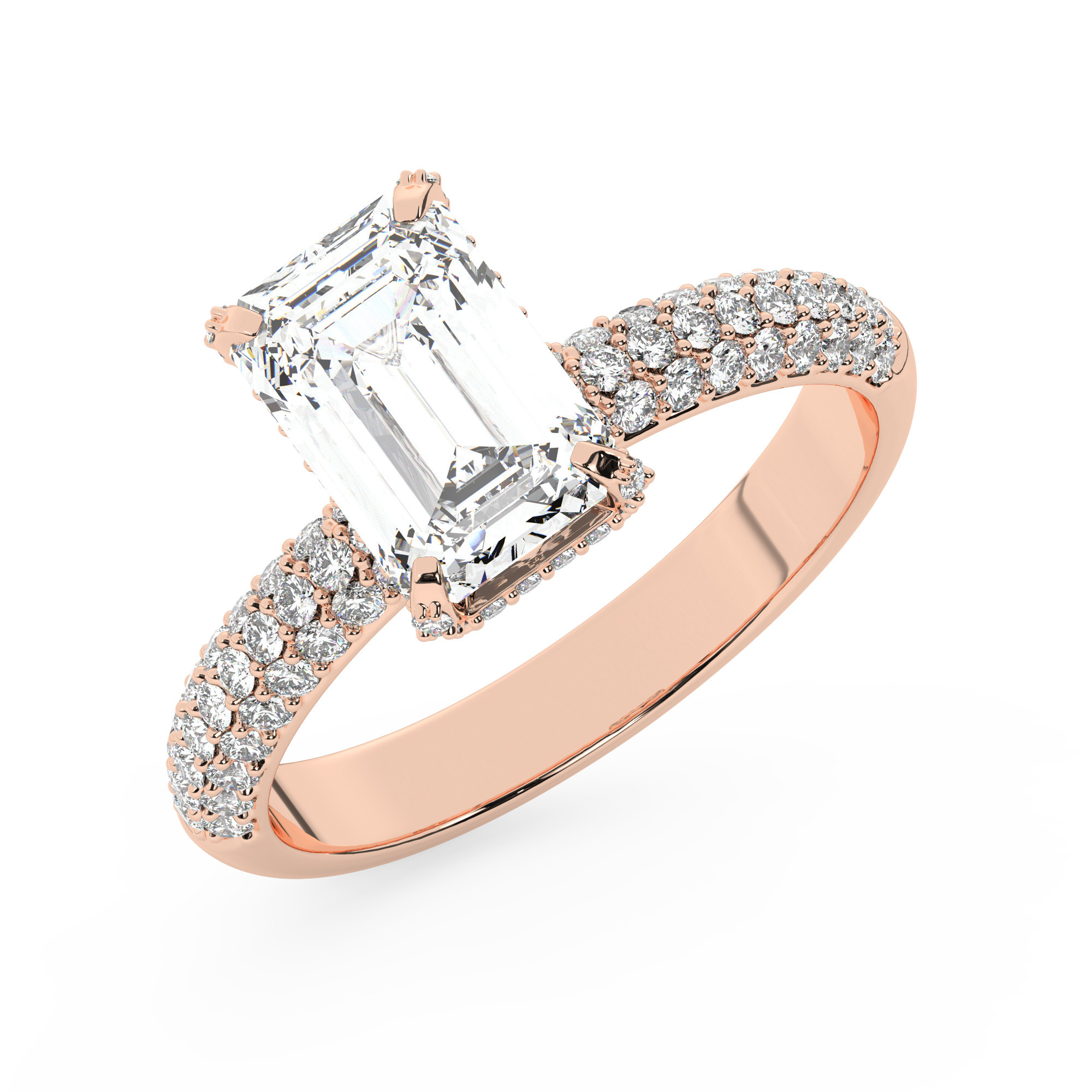 טבעת אירוסין סוליטר וזירקונים בצדדים דגם 50014 זהב אדום רוזגולד 14 קראט במרכז זירקוניה 0.75 קראט בחיתוך אמרלד מסביב ובצדדים זירקונים בחיתוך עגול