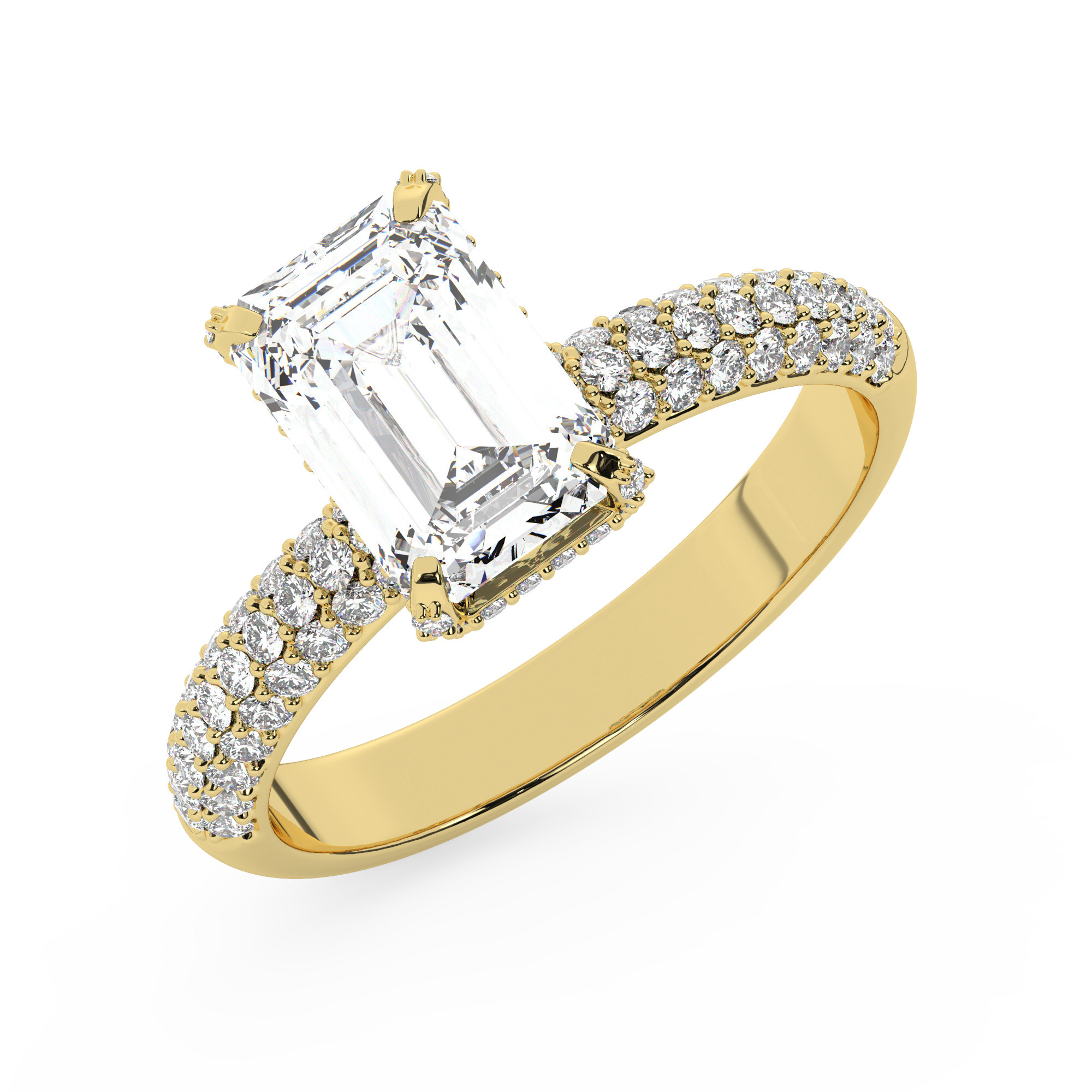 טבעת אירוסין סוליטר ומוסונייט בצדדים דגם 50014 כסף מצופה זהב צהוב במרכז אבן מעבדה מוסונייט 0.75 קראט בחיתוך אמרלד עם תעודה גמולוגית מסביב ובצדדים אבני מעבדה מוסונייט במשקל כולל של 0.50 קראט בחיתוך עגול