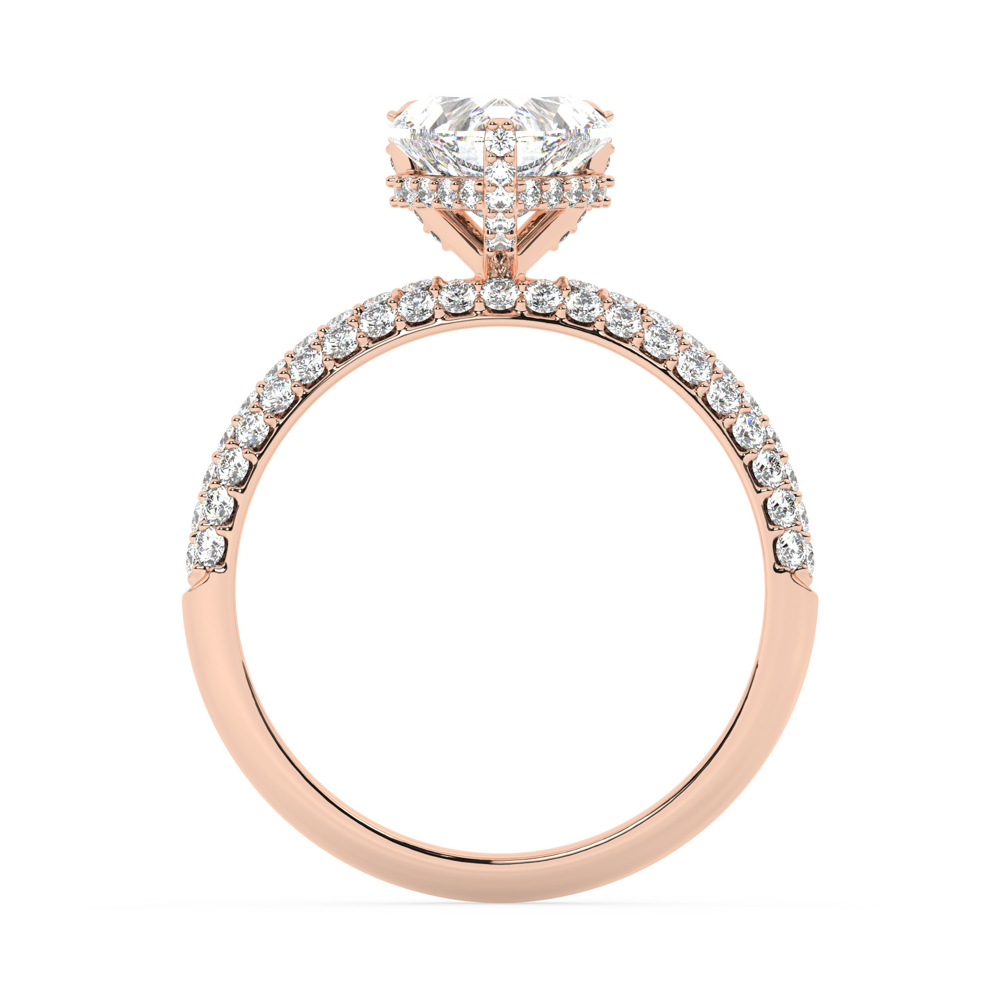 טבעת אירוסין סוליטר ויהלומים בצדדים דגם 50014 כסף מצופה זהב אדום רוזגולד במרכז יהלום מעבדה 3 קראט בחיתוך לב עם תעודה גמולוגית אירופאית IGI מסביב ובצדדים יהלומי מעבדה במשקל כולל של 0.50 קראט בחיתוך עגול – תמונה 3