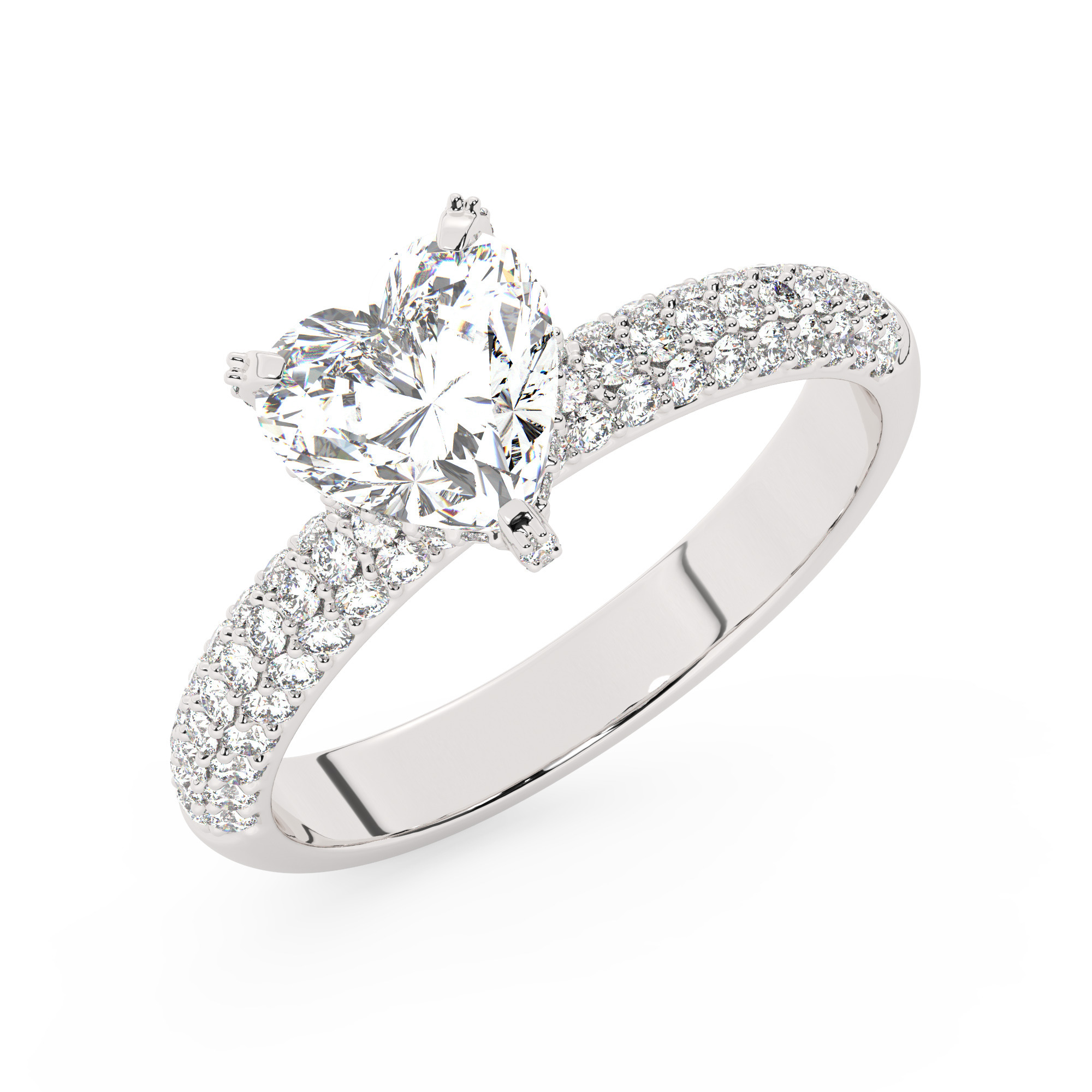 טבעת אירוסין סוליטר וזירקונים בצדדים דגם 50014 כסף מצופה זהב לבן במרכז זירקוניה 5 קראט בחיתוך לב מסביב ובצדדים זירקונים בחיתוך עגול