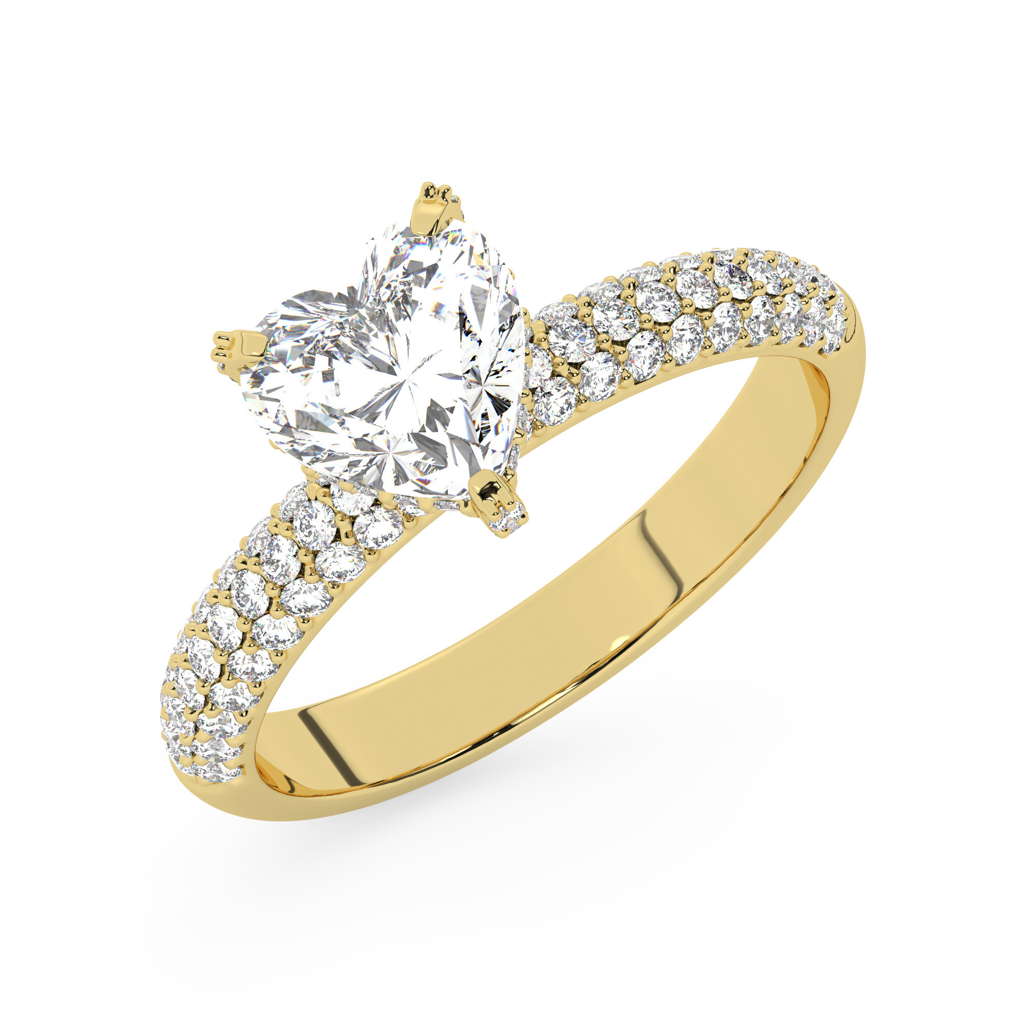 טבעת אירוסין סוליטר ומוסונייט בצדדים דגם 50014 כסף מצופה זהב צהוב במרכז אבן מעבדה מוסונייט 0.50 קראט בחיתוך לב עם תעודה גמולוגית מסביב ובצדדים אבני מעבדה מוסונייט במשקל כולל של 0.50 קראט בחיתוך עגול