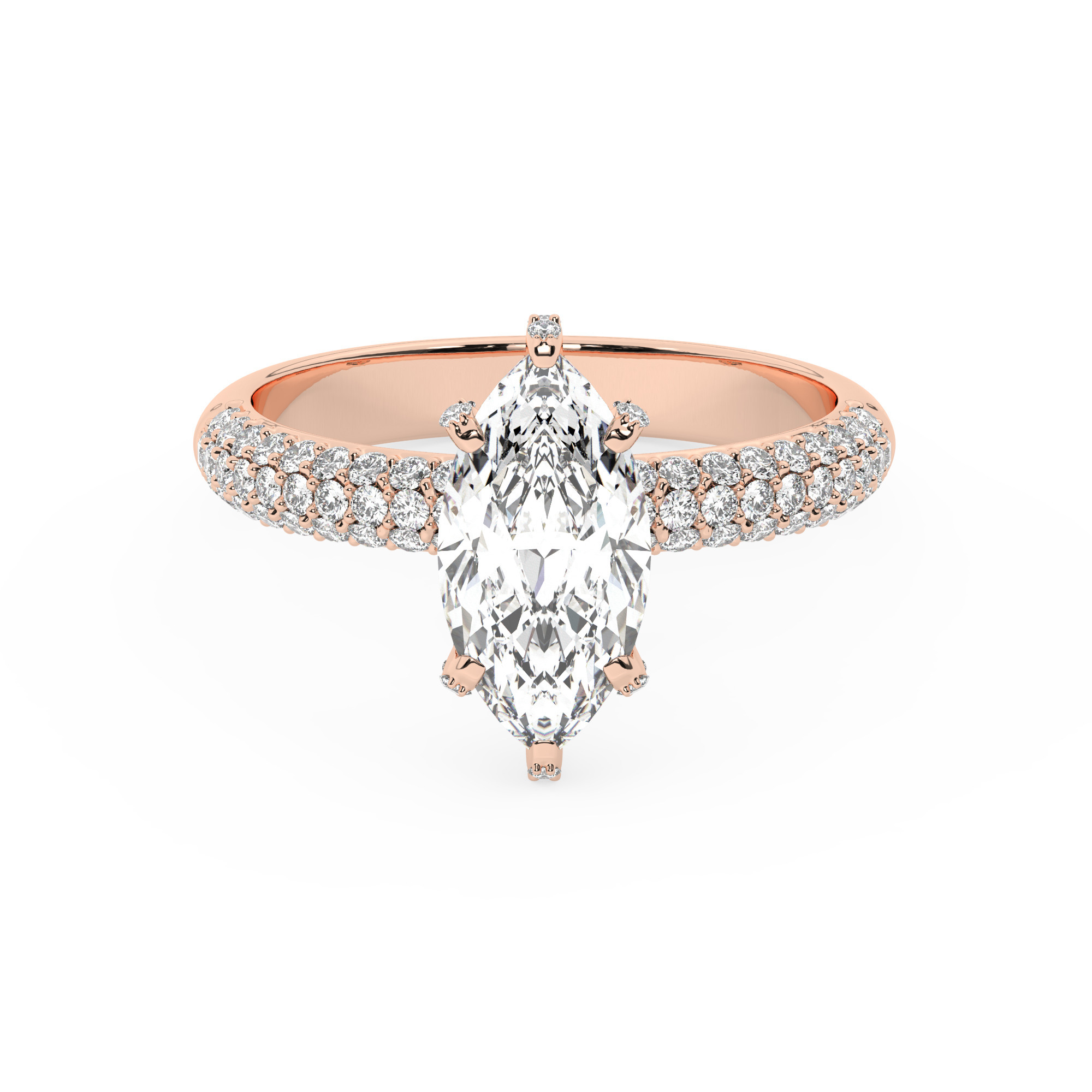 טבעת אירוסין סוליטר וזירקונים בצדדים דגם 50014 זהב אדום רוזגולד 14 קראט במרכז זירקוניה 5 קראט בחיתוך מרקיזה מסביב ובצדדים זירקונים בחיתוך עגול – תמונה 2