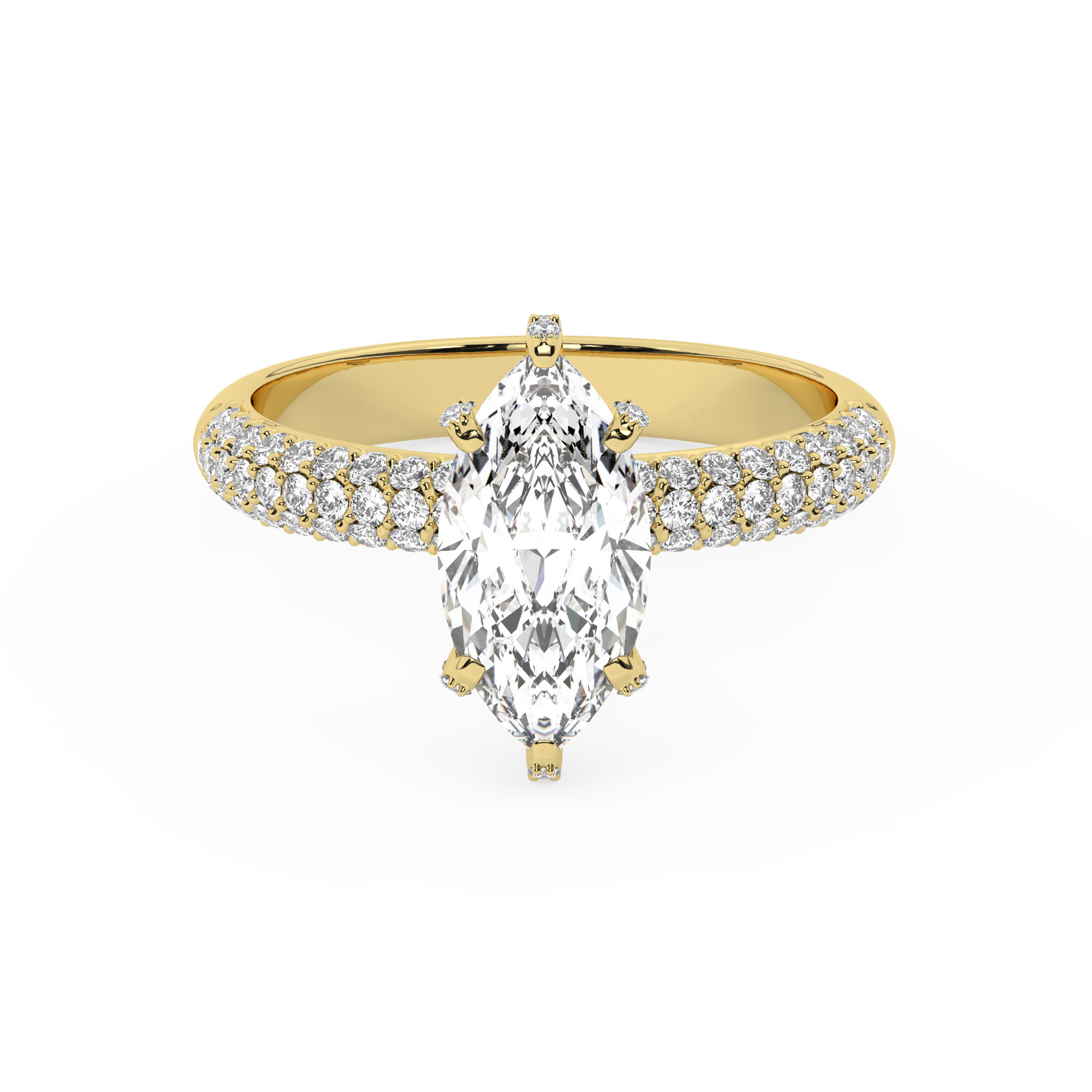 טבעת אירוסין סוליטר ויהלומים בצדדים דגם 50014 כסף מצופה זהב צהוב במרכז יהלום מעבדה 0.75 קראט בחיתוך מרקיזה עם תעודה גמולוגית מסביב ובצדדים יהלומי מעבדה במשקל כולל של 0.50 קראט בחיתוך עגול – תמונה 2