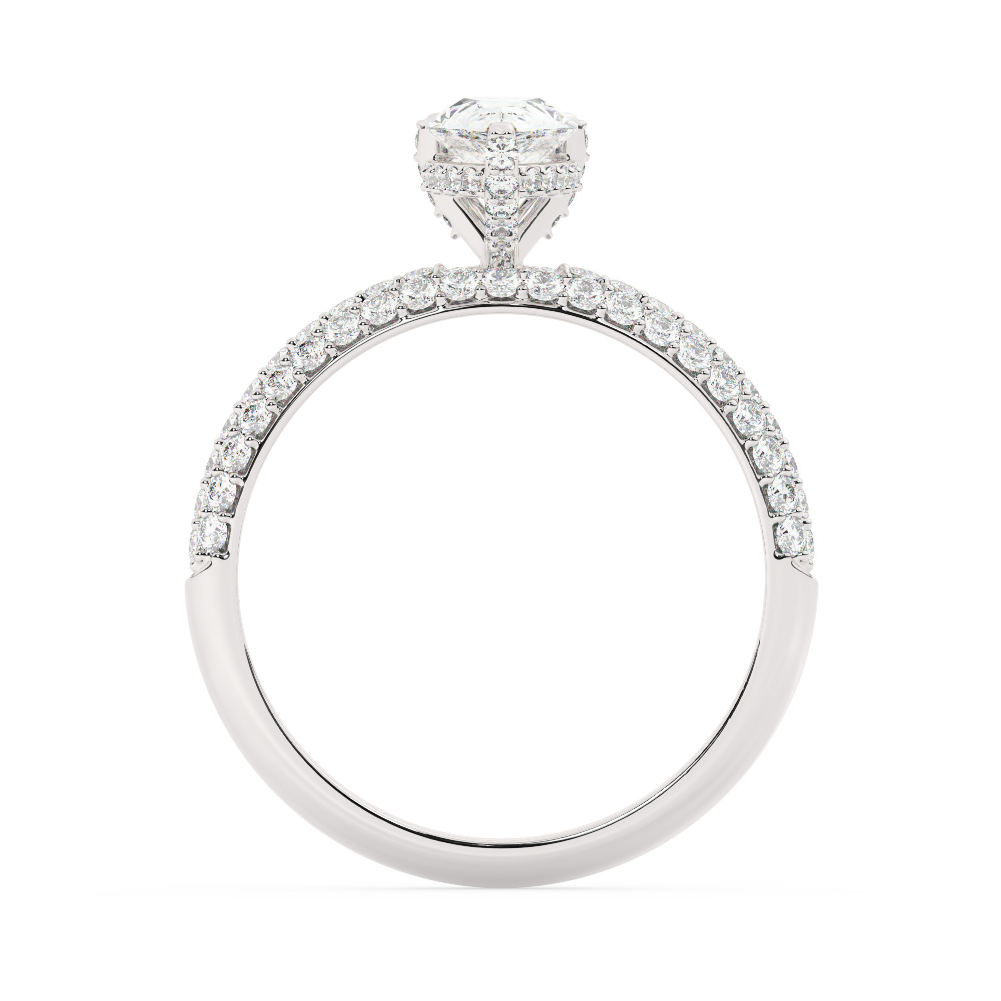 טבעת אירוסין סוליטר ומוסונייט בצדדים דגם 50014 כסף מצופה זהב לבן במרכז אבן מעבדה מוסונייט 4 קראט בחיתוך טיפה עם תעודה גמולוגית בינלאומית GRA מסביב ובצדדים אבני מעבדה מוסונייט במשקל כולל של 0.50 קראט בחיתוך עגול – תמונה 3