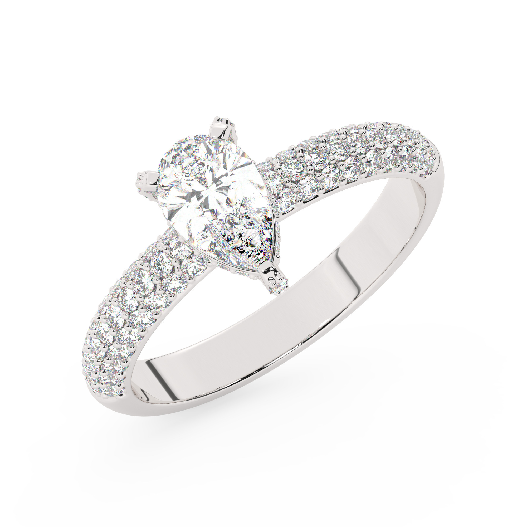 טבעת אירוסין סוליטר ויהלומים בצדדים דגם 50014 כסף מצופה זהב לבן במרכז יהלום מעבדה 0.75 קראט בחיתוך טיפה עם תעודה גמולוגית מסביב ובצדדים יהלומי מעבדה במשקל כולל של 0.50 קראט בחיתוך עגול