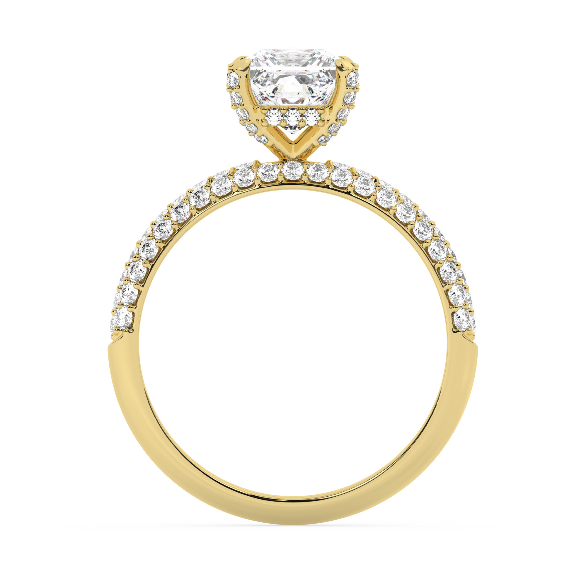 טבעת אירוסין סוליטר ויהלומים בצדדים דגם 50014 כסף מצופה זהב צהוב במרכז יהלום מעבדה 2.50 קראט בחיתוך פרינסס עם תעודה גמולוגית אירופאית IGI מסביב ובצדדים יהלומי מעבדה במשקל כולל של 0.50 קראט בחיתוך עגול – תמונה 3