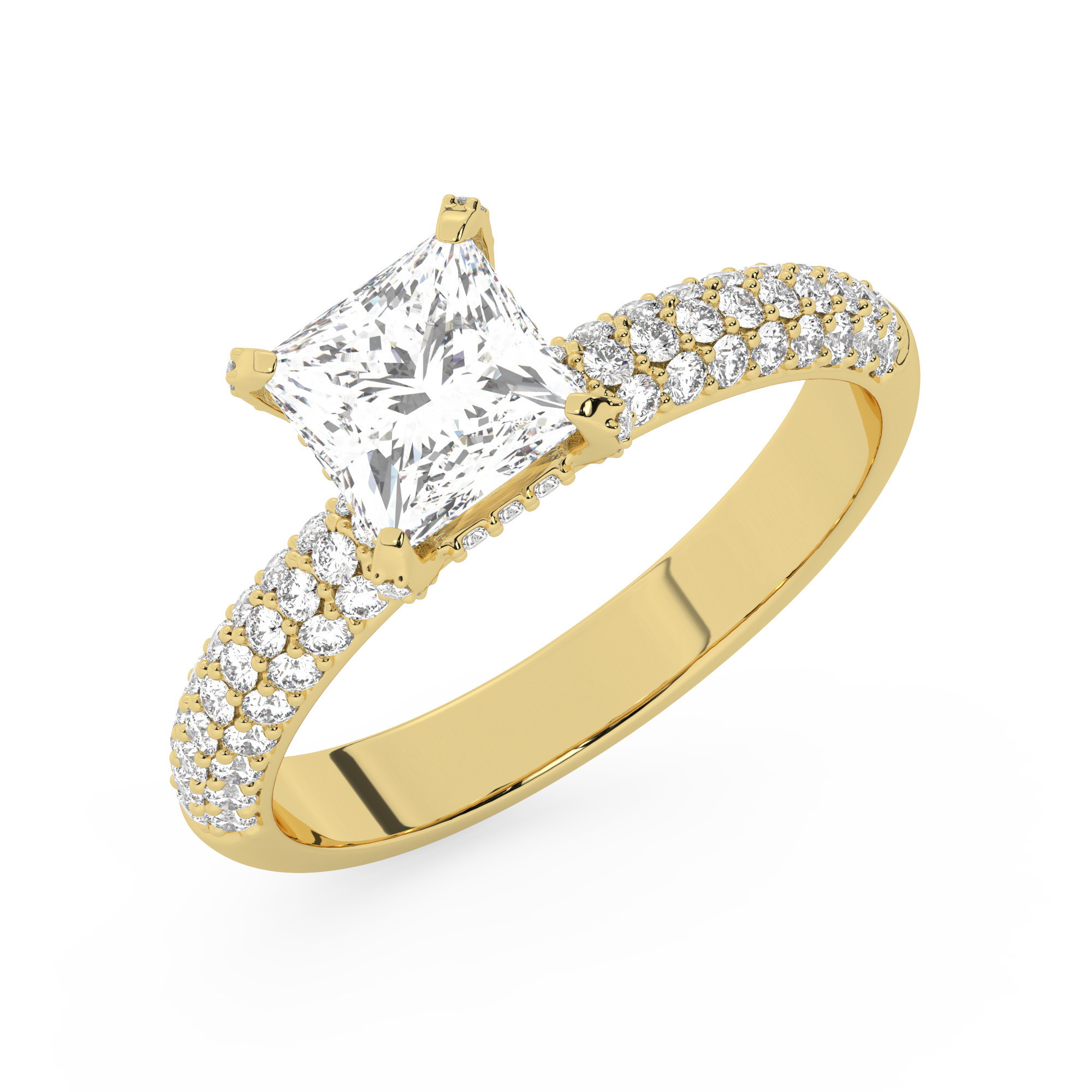 טבעת אירוסין סוליטר ויהלומים בצדדים דגם 50014 כסף מצופה זהב צהוב במרכז יהלום מעבדה 0.75 קראט בחיתוך פרינסס עם תעודה גמולוגית מסביב ובצדדים יהלומי מעבדה במשקל כולל של 0.50 קראט בחיתוך עגול